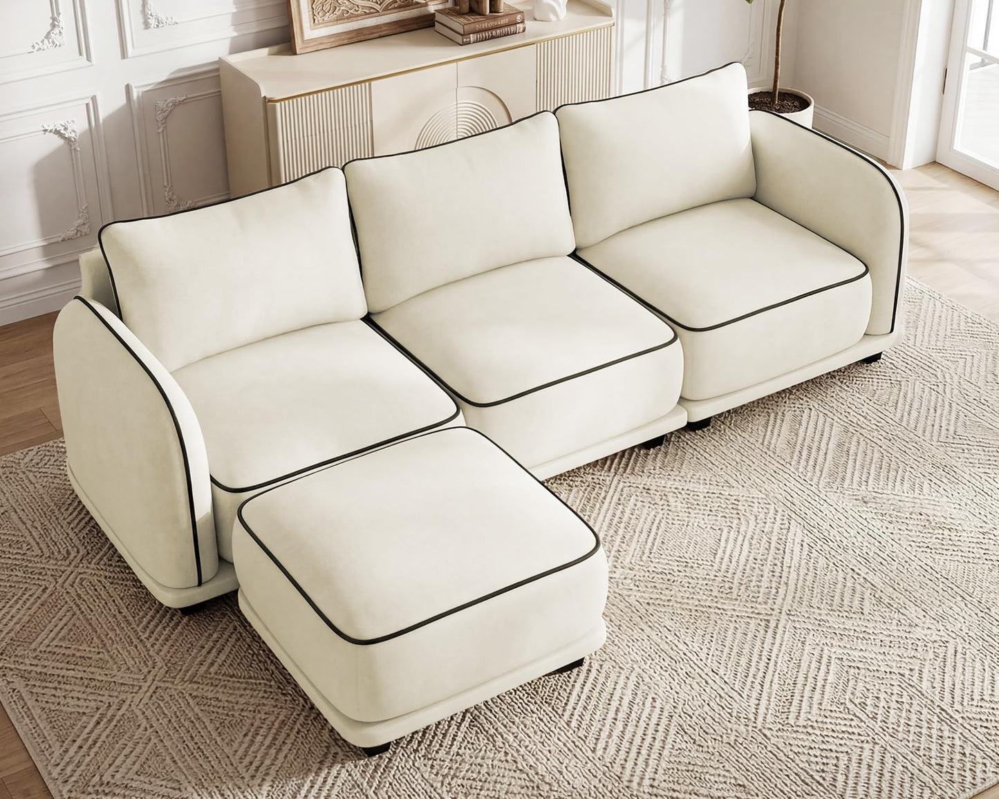104 Inch L Shaped Modular Sectional Sofa, 4 Seater Modern Cloud Chenille Comfy Couch with Movable Ottoman & 3 Back Pillows, Oversized Comfy L Shape Couch for Living Room, Bedroom, Apartment, Beige