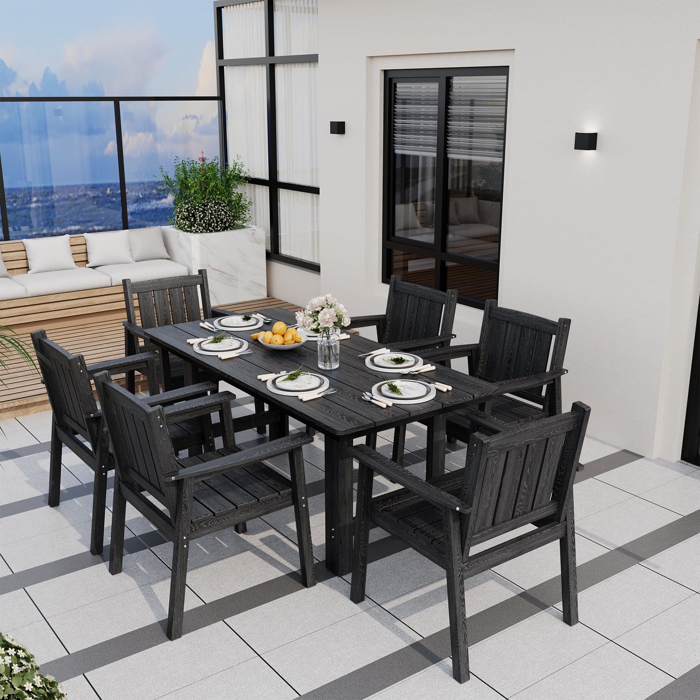 Pamapic 7 PCS Outdoor Dining Set, Spacious HDPE Outdoor Table and Chairs, Wood Grain Patio Furniture Sets with Elegant Armrest, All-Weather Patio Dining Table with Umbrella Hole, Black