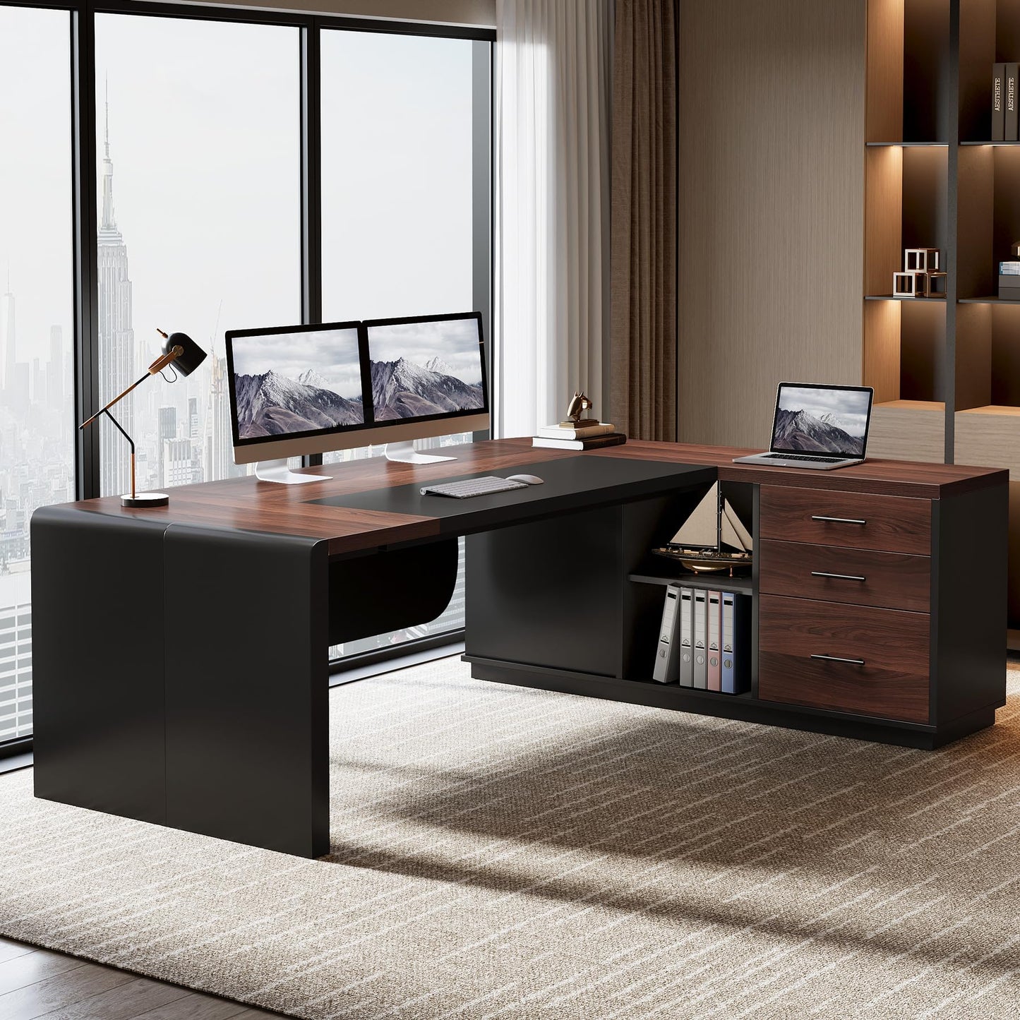 Tribesigns 80'' L-Shaped Desk Set of 4, Large Executive Office Desk with 55'' Drawers Cabinet, Modern Computer Table with Storage Shelves, Business Furniture for Office, Walnut & Black