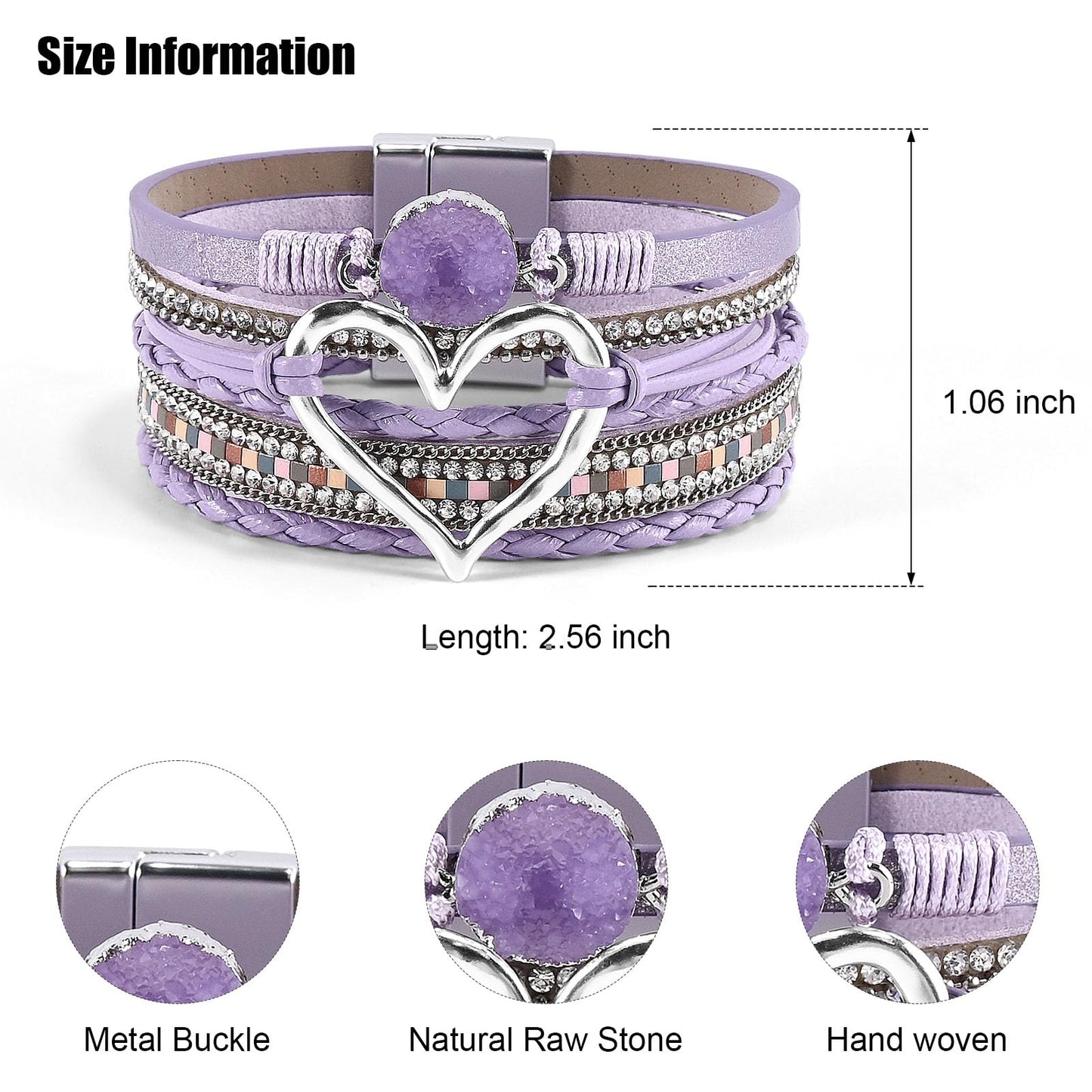 VIBILIA Boho Leather Wrap Bracelets for Women Heart Multi-Layer Bracelets with Strong Clasp Jewelry for Women - Purple