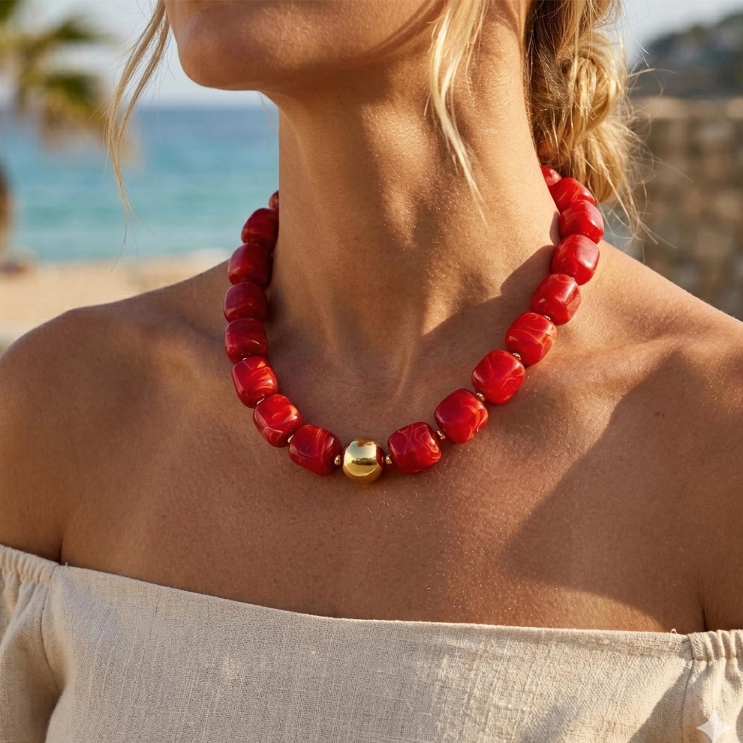WOWORAMA Chunky Beaded Choker Necklace for Women Deep Red Large Square Resin Beads Necklace Trendy Statement Chunky Necklaces Holiday Party Jewelry