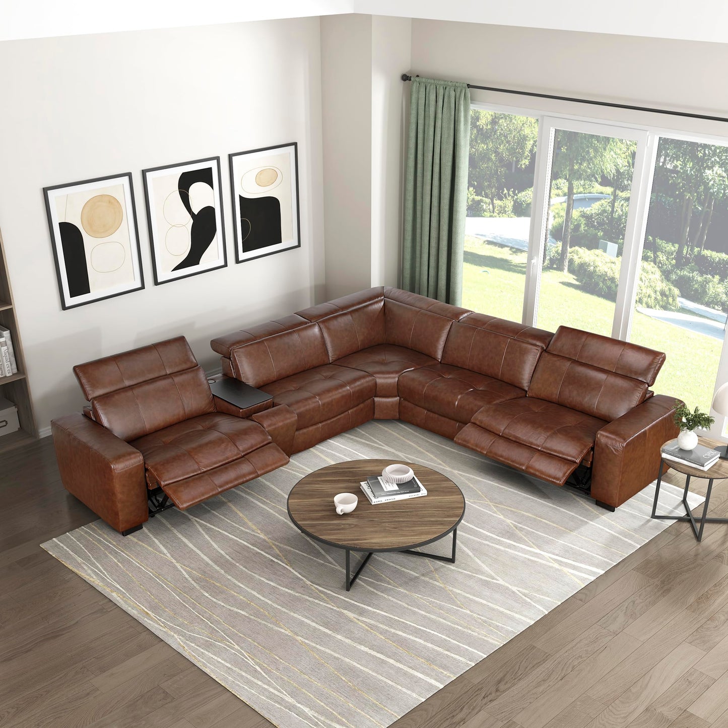 Lexicon Sectional Couches for Living Room-Modular Sectional Sofa, 5 Seater L Shaped Couch, Storage Console, Power Headrests, Charging Ports, 3 Wall Hugger Recliner Seats, Top Grain Leather Brown