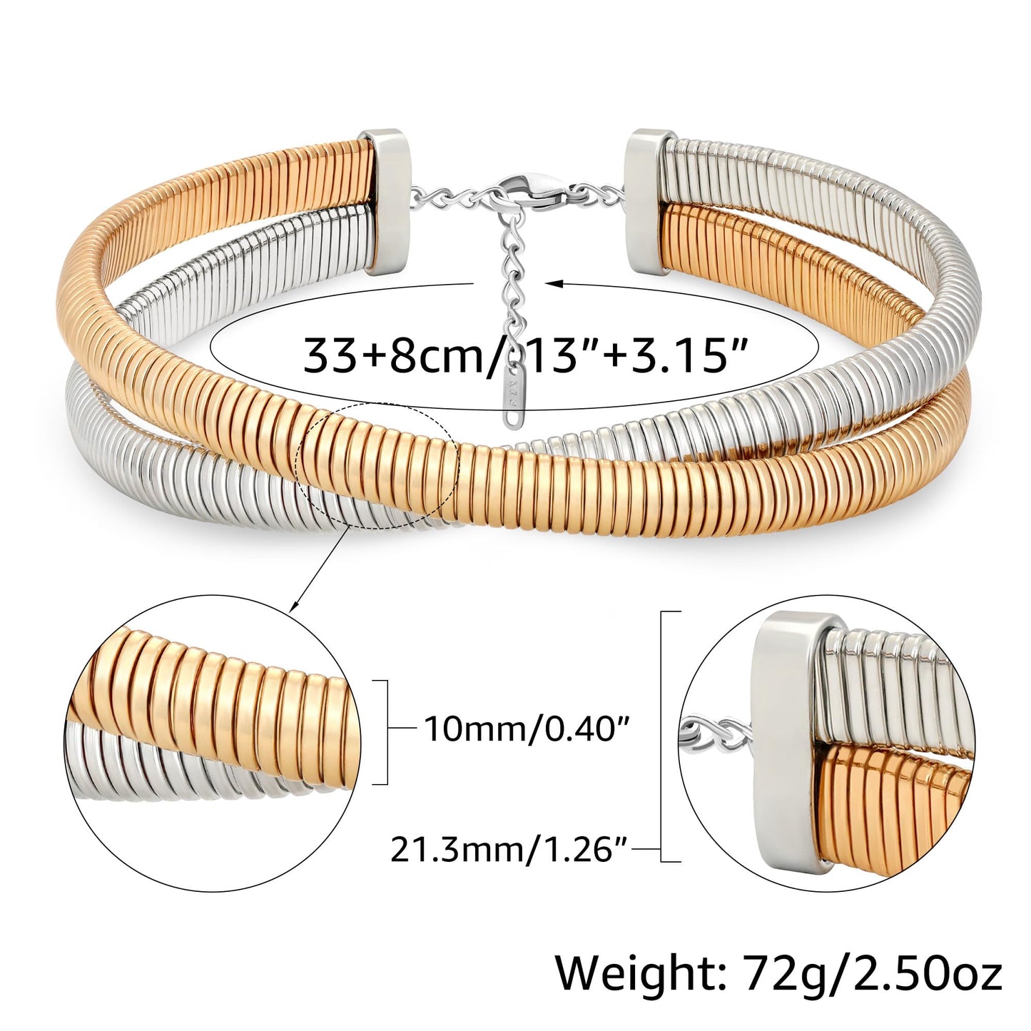 BONJOULRY Chunky Gold 2 Layered Choker Necklace for Women Trendy, 14K Gold Plated Twisted Snake Chain Statement Necklace Multi Layering Necklaces Jewelry Gifts Two Tone
