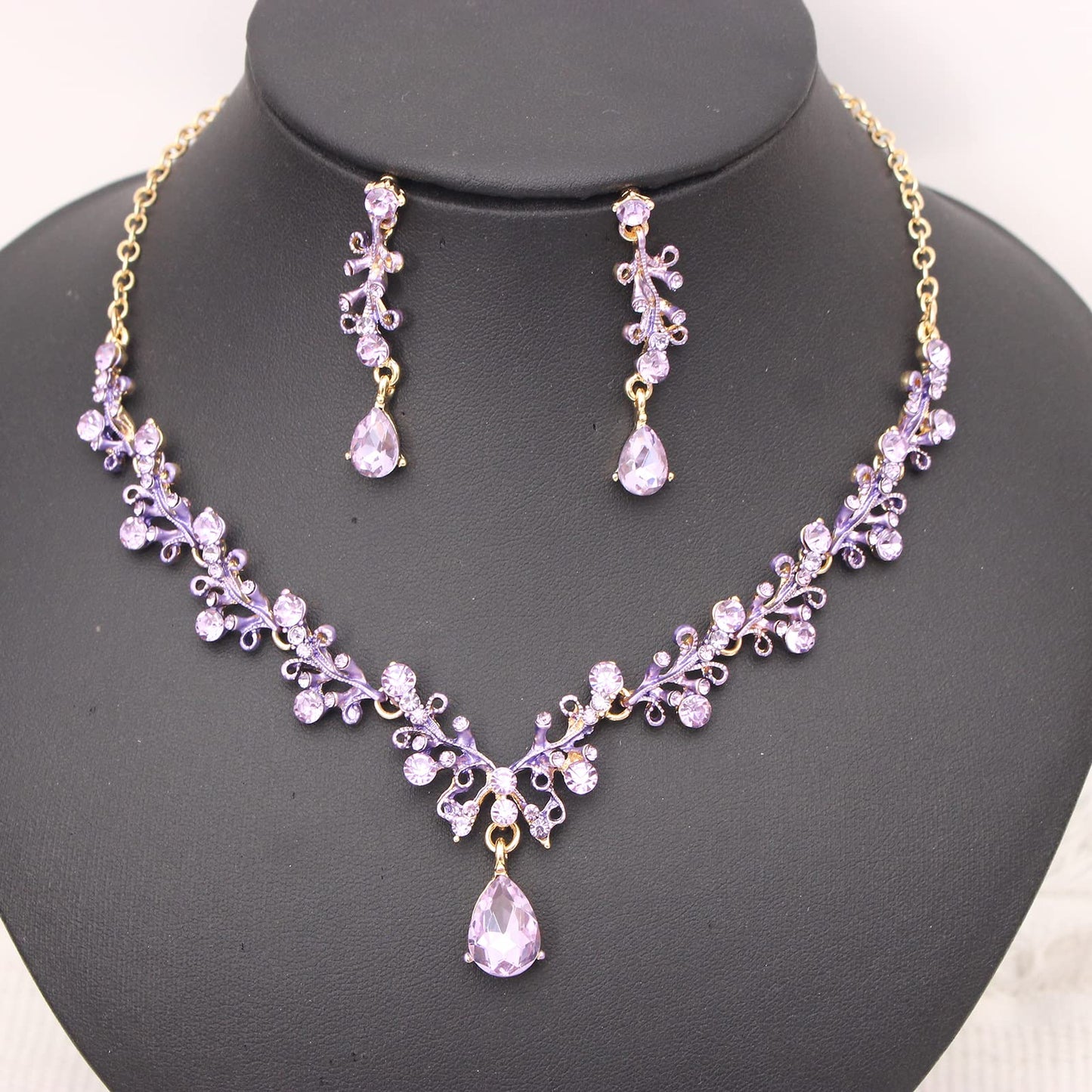 3Pcs Austrian Crystal Jewelry Set for Women, Necklace Dangle Earrings Link Bracelet Jewelry Set with Gold/Platinum/Gun Plated, Wedding Party Jewelry for Bridal Bridesmaid (Violet-Gold Plated)