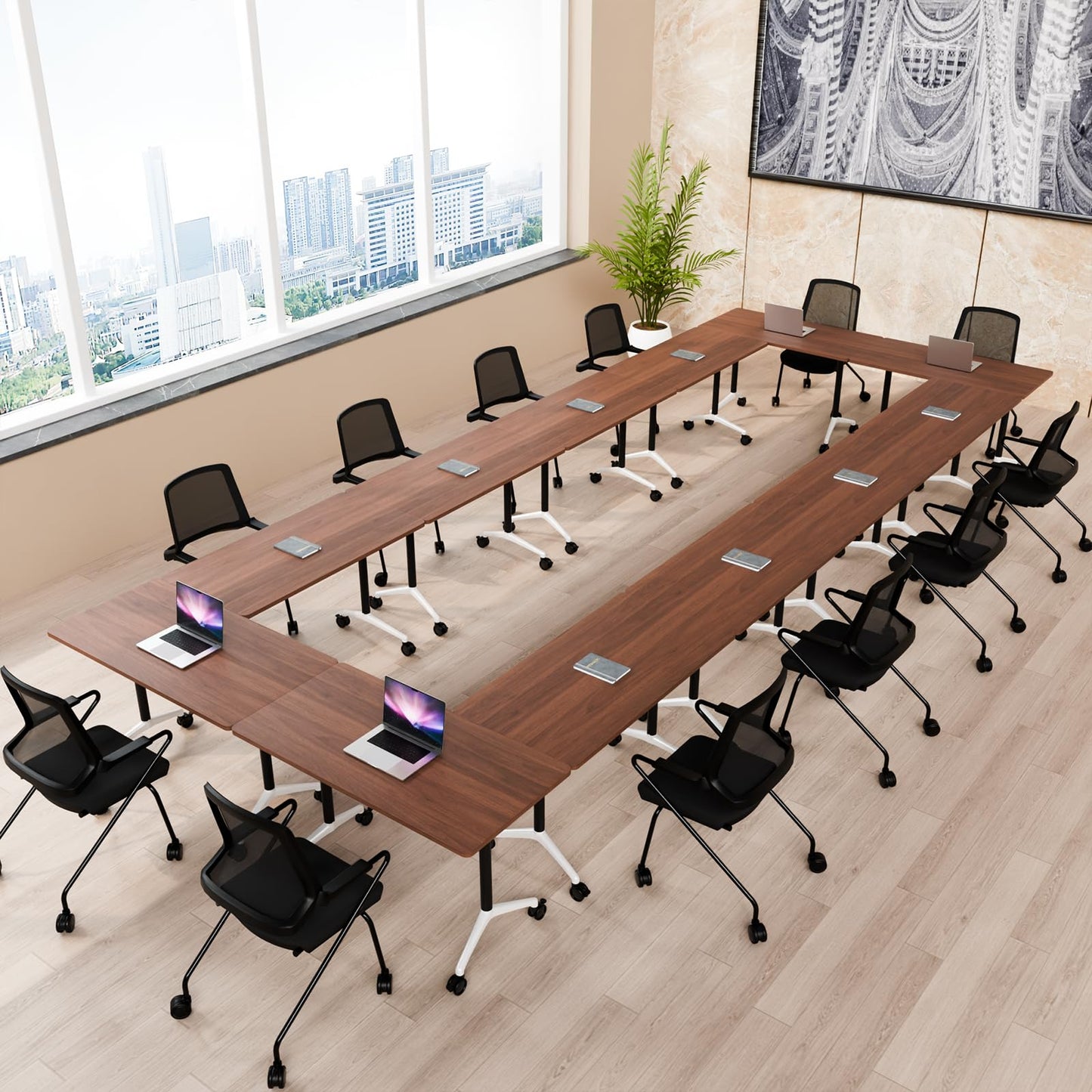 Conference Room Table, Folding Conference Table with Silent Wheels, Modular Flip Top Mobile Training Tables for Office, Training Room, Meeting Rooms, School, 2-16 Person (6, Walnut, 55.1in)