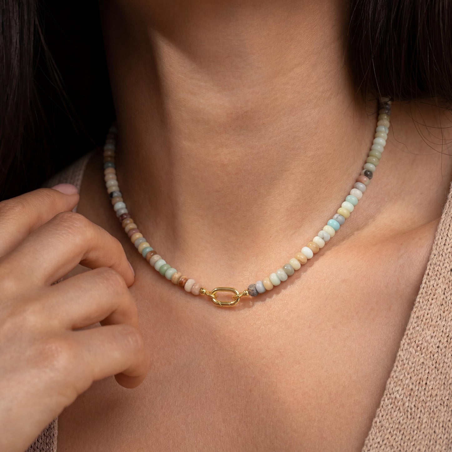 CONRAN KREMIX Amazonite Stone Beaded Necklace for Women,Natural Gemstone Bead Choker Necklaces Boho Summer Beach Layering Necklace Jewelry Gift for Women