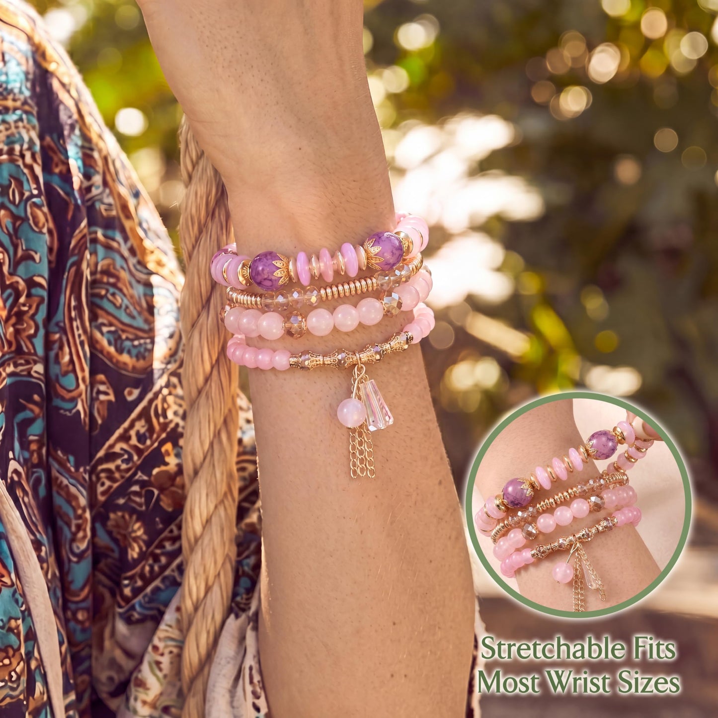Tungary 4Pcs Beaded Bracelets for Women Bohemian Bracelet Stacks Handmade Natural Stone Stretch Bracelets Multi-Color Daily Wear Accessories Summer Beach Boho Jewelry Gift Pink Bracelet Set