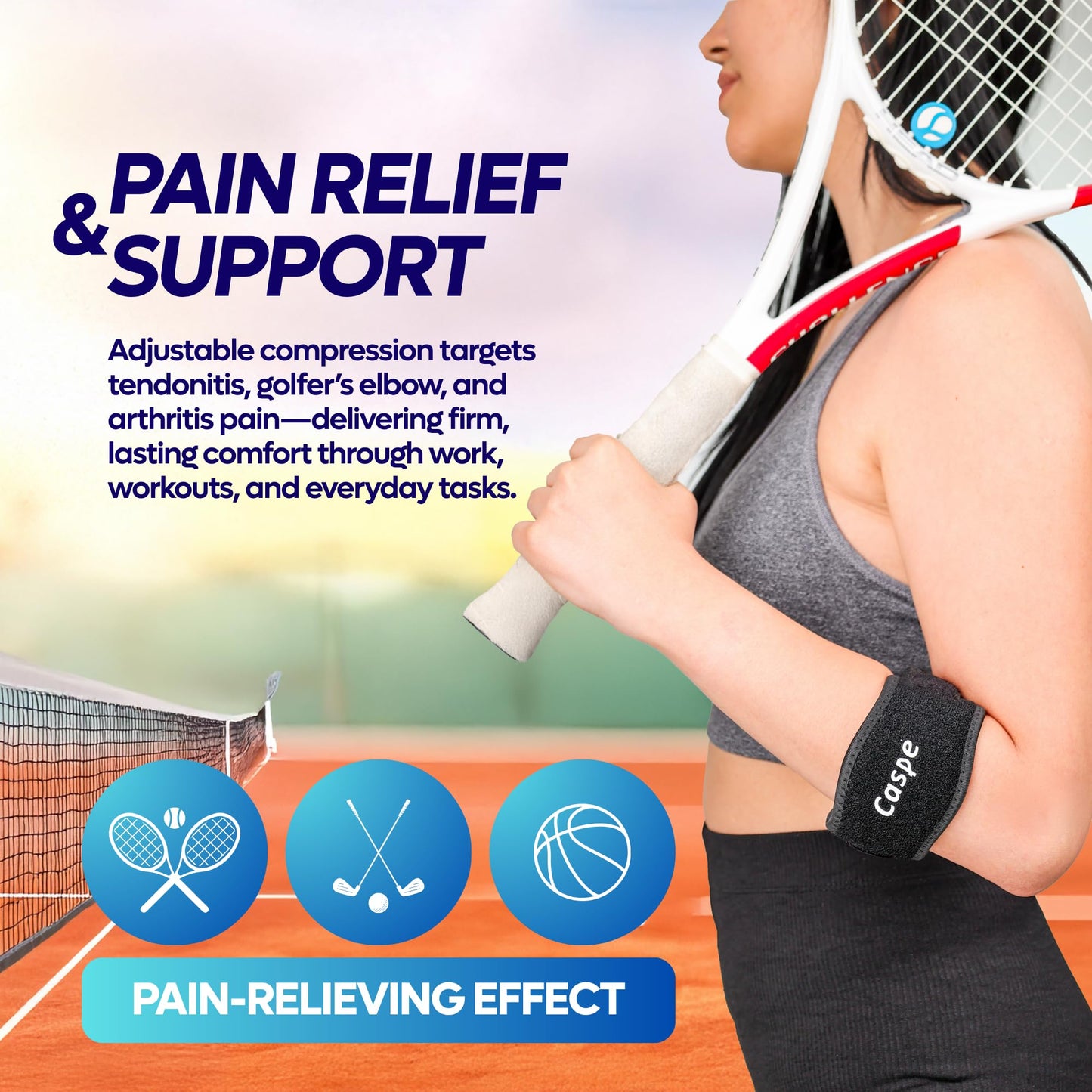 Caspe 2 Pack Tennis Elbow Brace for Men and Women – Adjustable Arm Brace for Tendonitis, Golfer’s Elbow and Bursitis – Arm Band & Counterforce Forearm Support, Daily Use Pain Relief – Black
