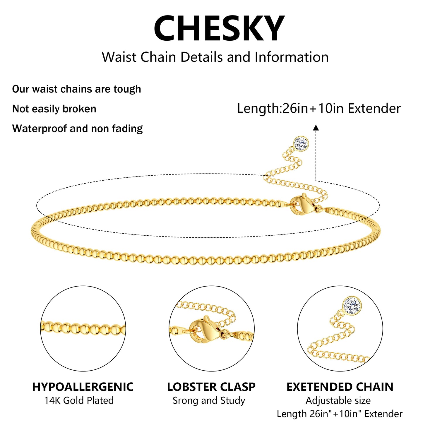 CHESKY Gold Waist Beads, Dainty Waist Chain Body Chain Jewelry for Women Hypoallergenic Belly Chain Non Tarnish Waterproof Gold Belly Button Ring Beach Jewelry for Women Gift