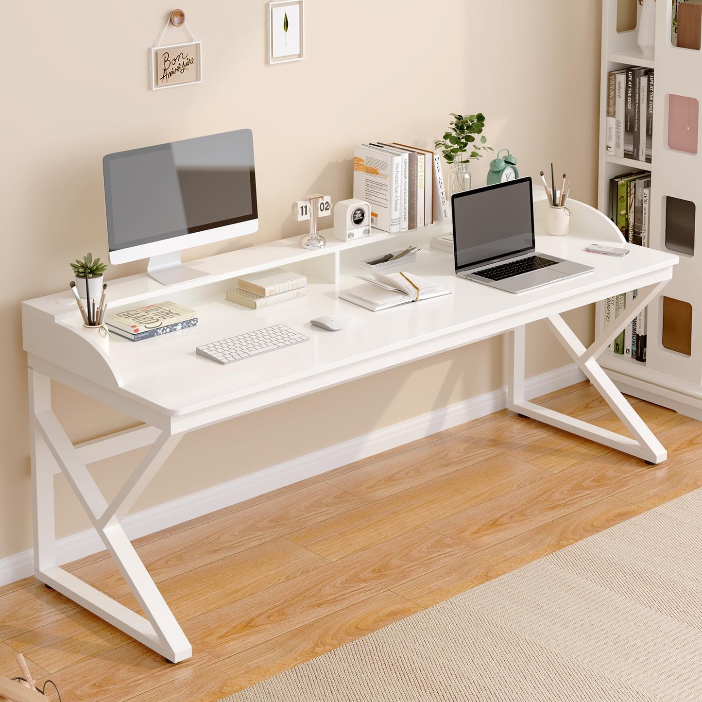 OSCHF Long Desk with Monitor Stand - 71" Double Long Computer Table for 2-Person Workstation, Large Writing Study Work Desk for Home and Office, White