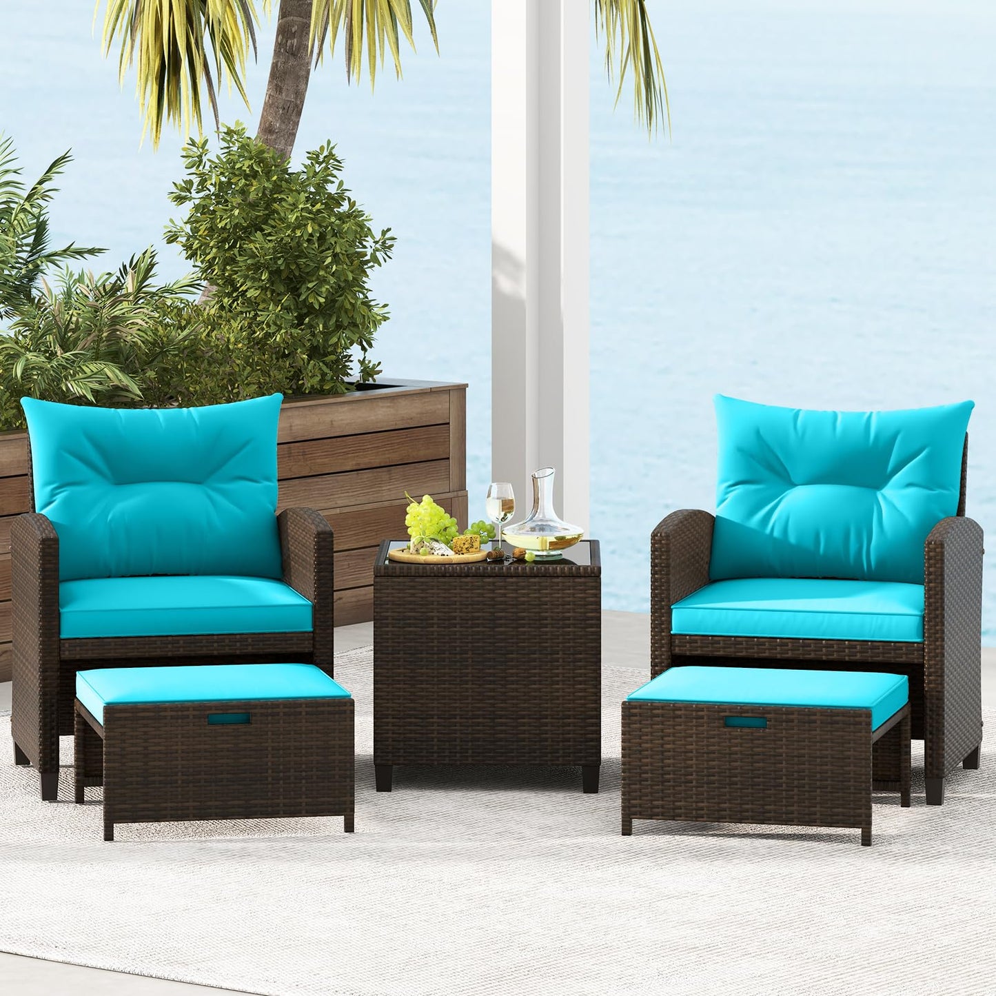 Tangkula 5 Pieces Patio Conversation Set, PE Wicker Outdoor Furniture Set with 2 Chairs, 2 Ottomans & Tempered Glass Coffee Table, Ideal for Poolside, Backyard, Lawn, Deck, Mix Brown & Turquoise