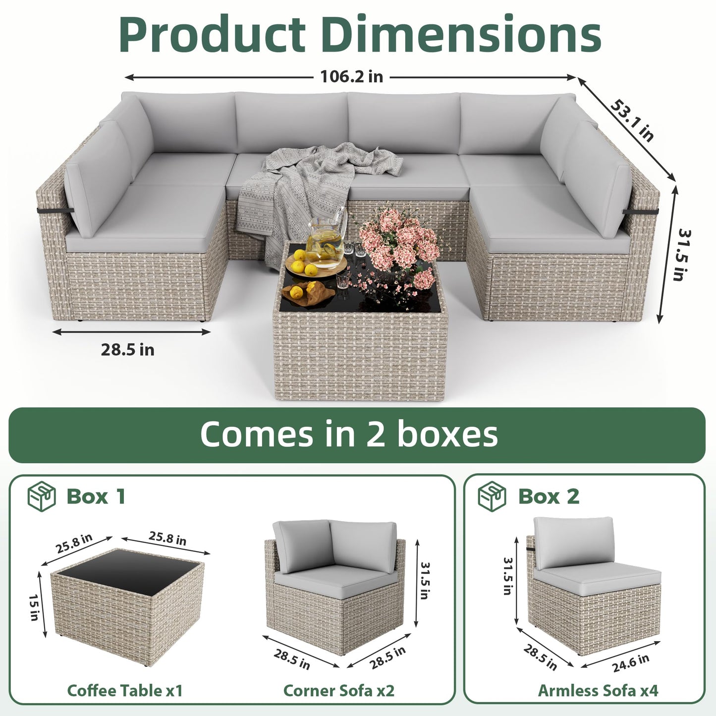 PATIOPIA 7-Piece Outdoor Sectional Sofa Set, Weather-Resistant Patio Furniture Set with Washable Cushions and Coffee Table, Grey Rattan Patio Conversation Set for Poolside, Backyard, Deck (Grey)