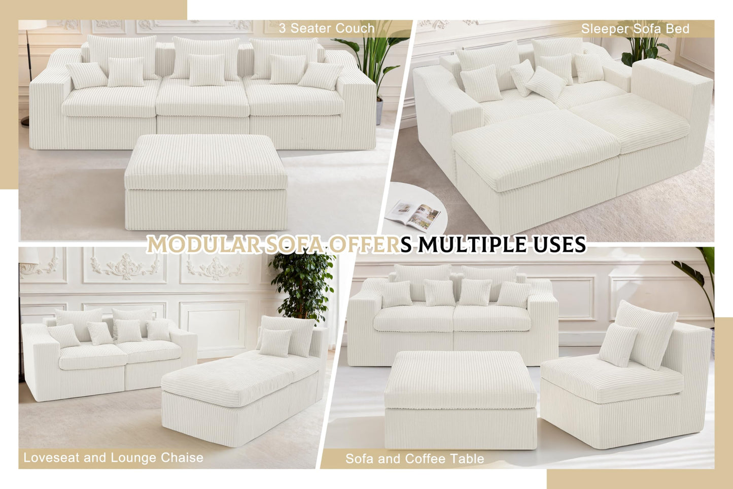 101" Modular Couch Sectionals with Ottoman, Big Comfy Cloud Couches, L Shaped 4 Seat Modular Sectional Sofa, Sectional Double Cushion Couches with Deep Seat for Living Room,No Assembly Required(Beige)