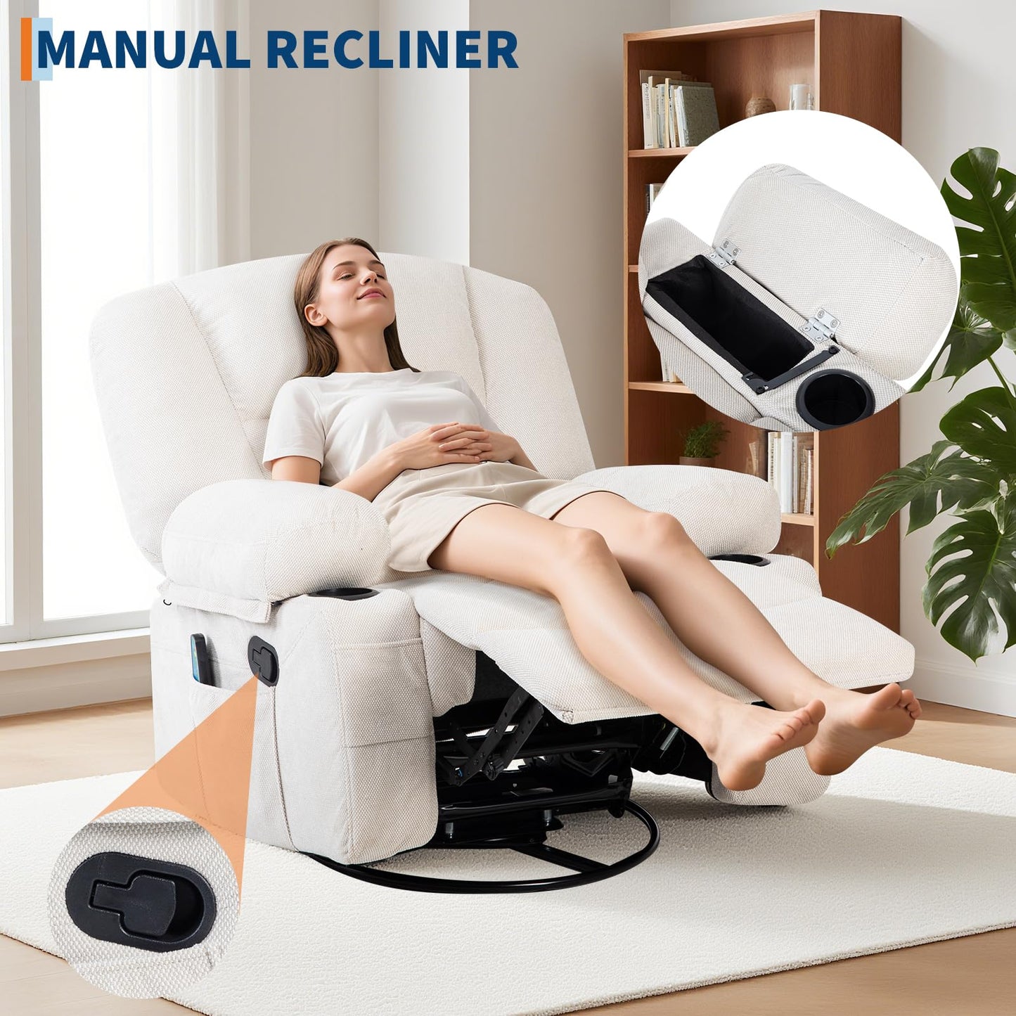 GarveeHome Oversized Wide Recliner Chair-Heat and Vibration Massage, 360° Swivel Rocker Chair for Adults,Chenille Fabric Manual Recliner with Cup Holders & Side Pocket for Living Room, Bedroom,White