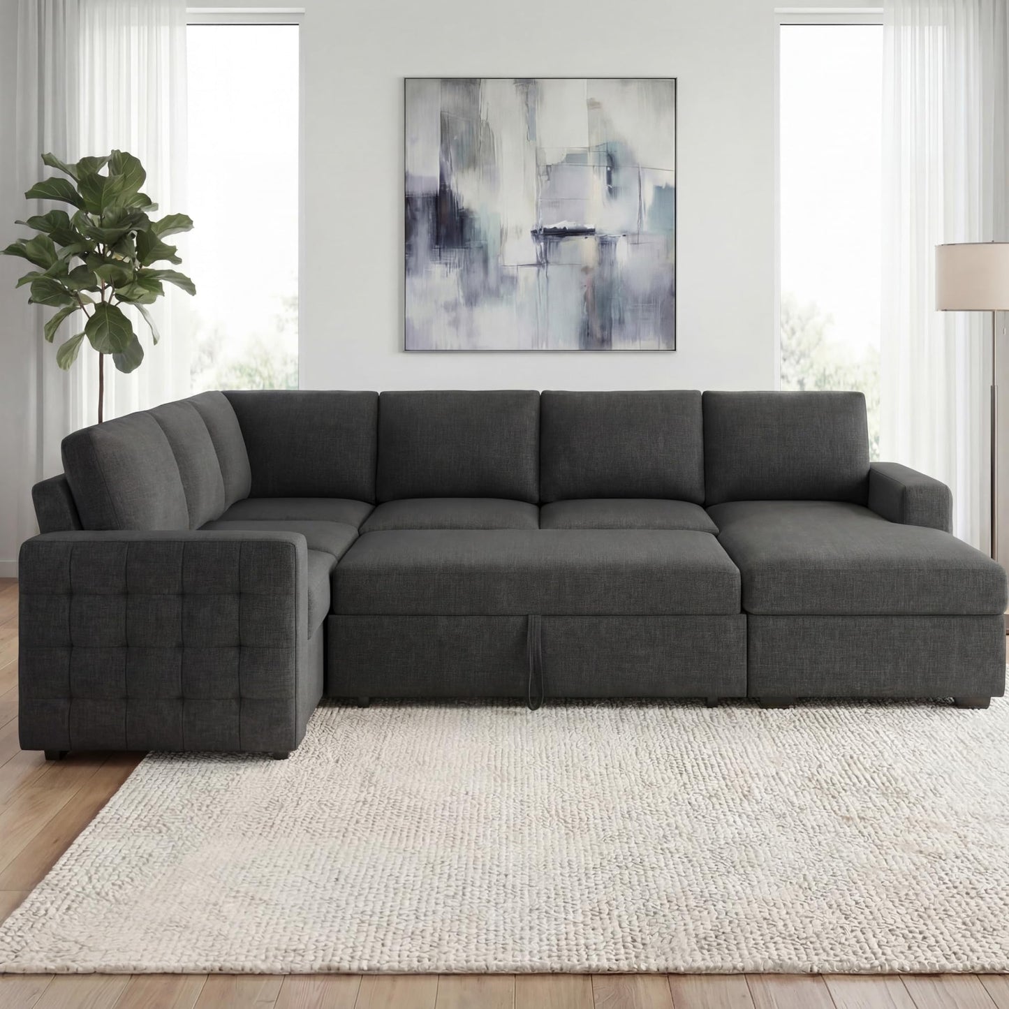 HONBAY Sectional Sleeper Sofa with Pull-Out Bed Storage Chaise, 6 Seater Couch for Living Room, Dark Grey