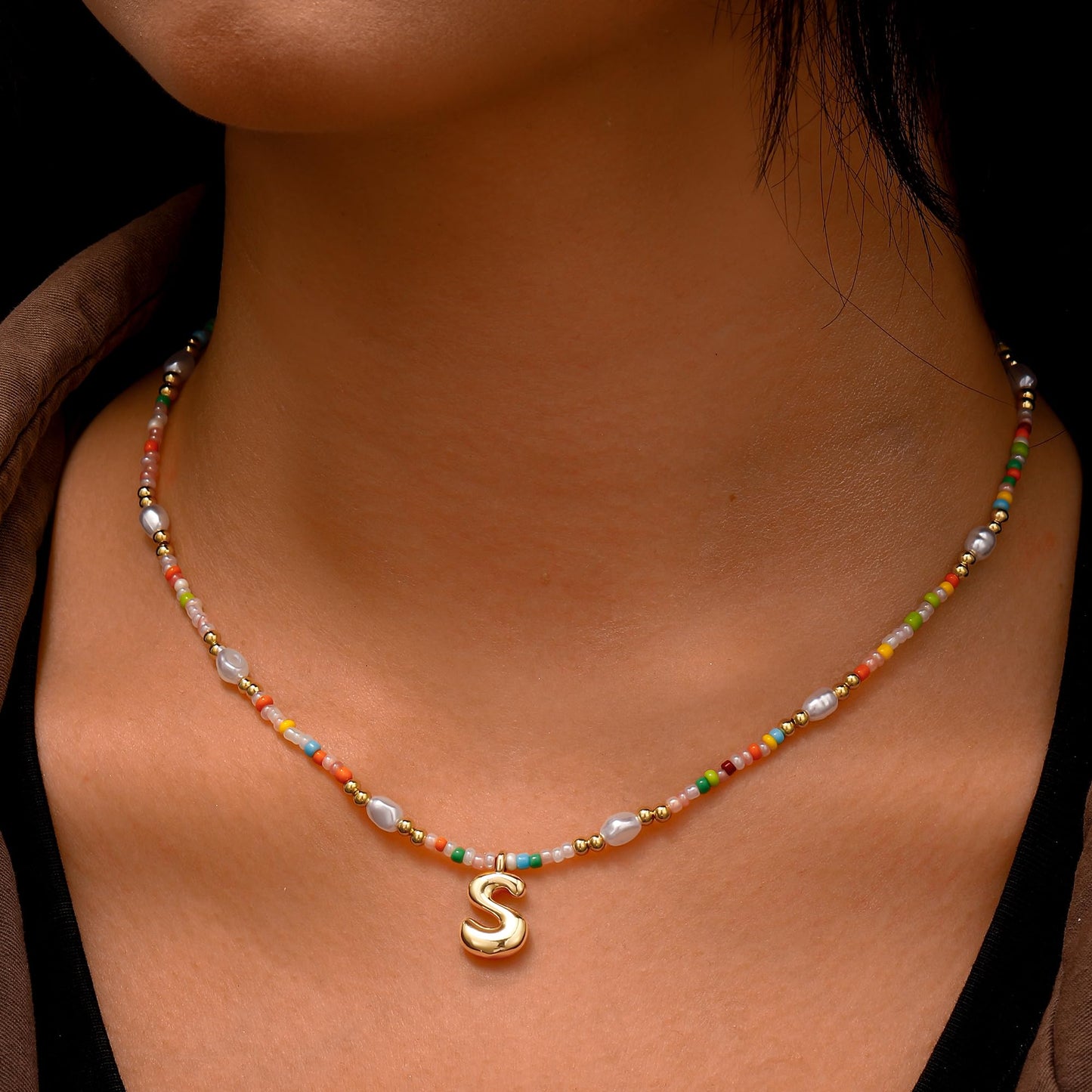 Ritach Initial Necklaces for Women Jewelry - Beaded Necklace Colorful Initial Necklaces for Women Letter S Necklacess Bubble Gold Boho Necklace for Girls Gifts Summer Beach Jewelry
