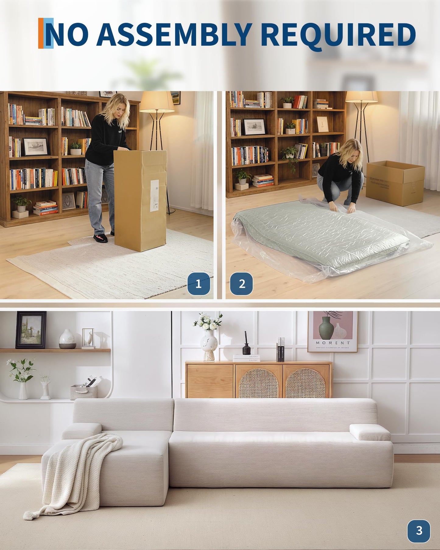 MilleLoom 108" Sectional Couches for Living Room, Modular Sectional Sofa with L-Shape Chaise,Ultra Soft Corduroy L Shaped Couch Bed,Perfect Comfy Couches for Living Room, No Assembly Required, Beige