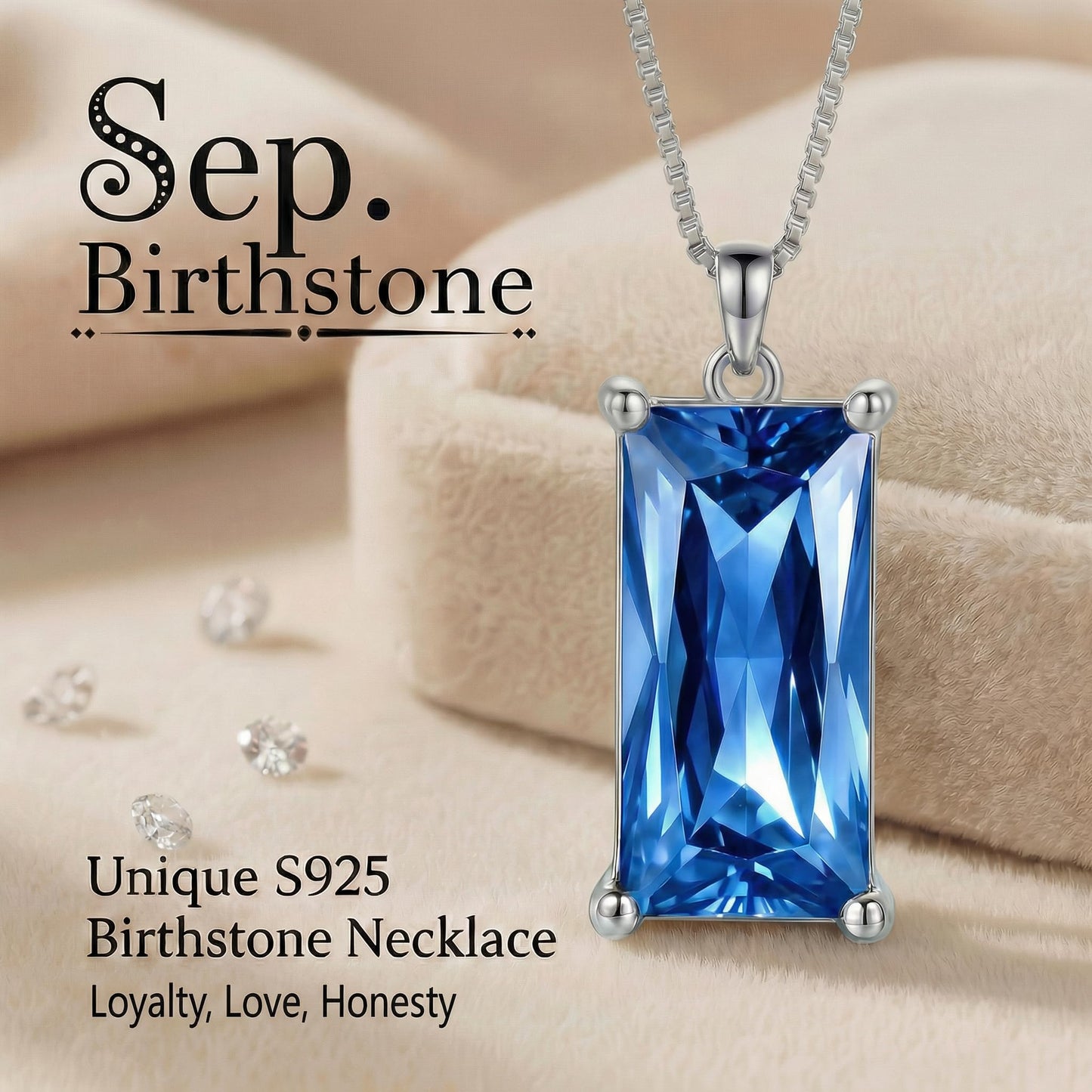 Kuschelkatze 8mm x 16mm Square September Birthstone Sapphire Pendant Necklace – Fashion charming Sterling Silver Gift for women