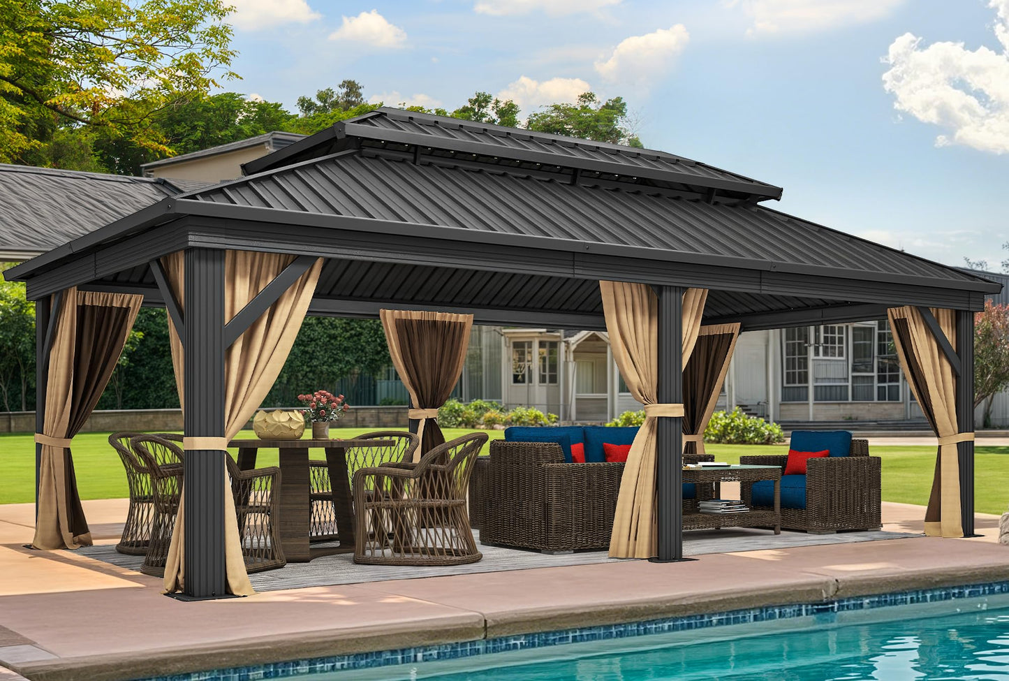 DWVO 12x18ft Hardtop Gazebo Double Roof with Nettings and Curtains, Heavy Duty Galvanized Steel Outdoor Vertical Stripes Roof for Patio, Backyard, Deck, Lawns, Brown
