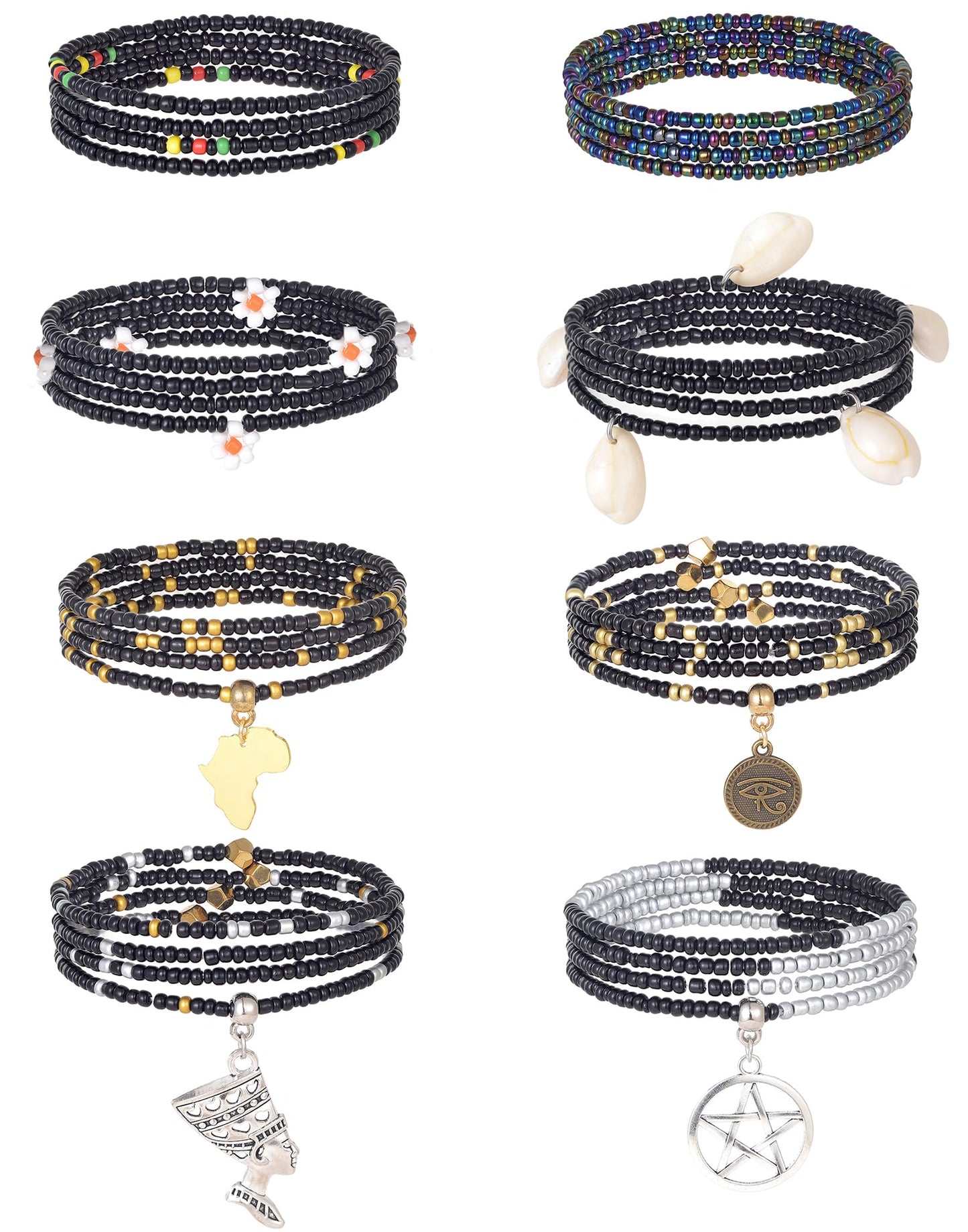 Tornito 8Pcs 31.5 Inches African Waist Bead Chain Elastic Belly Beads Butterfly Shell Layered Body Chain Colorful Jewelry Accessories for Women (B:8Pcs(Black))