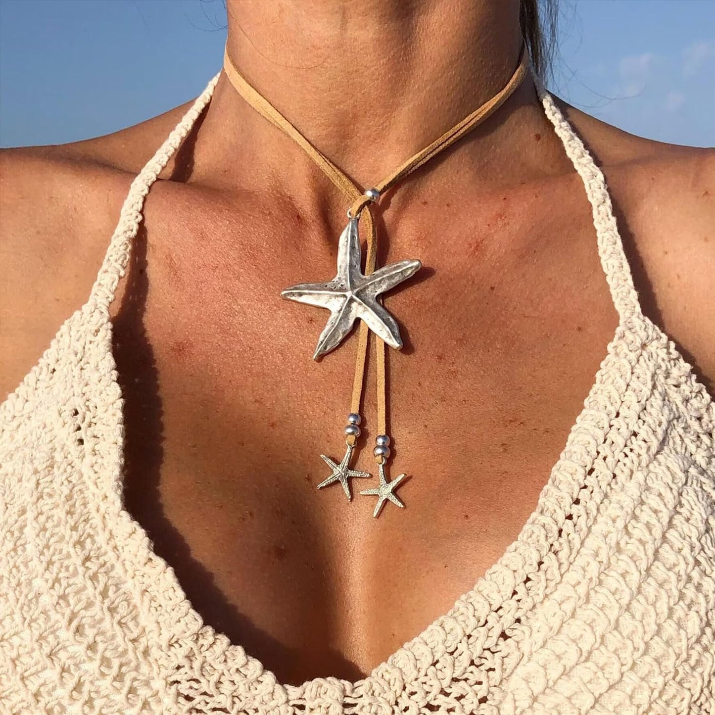 Decixde Starfish Necklace for Women Gold Shell Pendant Necklace White Blue Silver Gold Starfish Necklaces Boho Choker Summer Beach Jewelry for Women (grey)