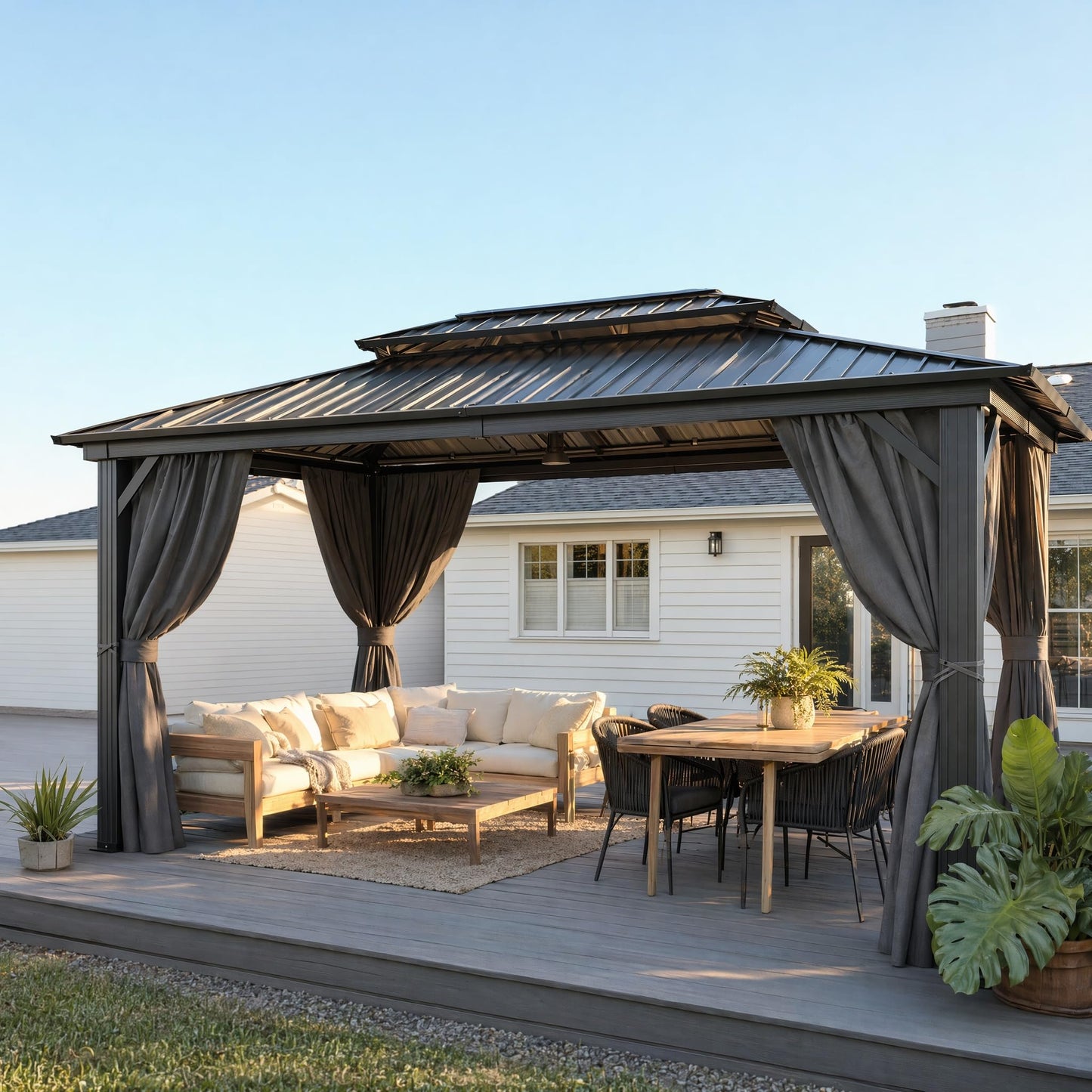 HOTEEL 10x15 Hardtop Gazebo On Clearance with Galvanized Steel Double Roof,Heavy Duty Gazebo with Flame-Retardant Curtain & Netting, Permanent Pavilion Outdoor for Patio, Frame Thickened, Black
