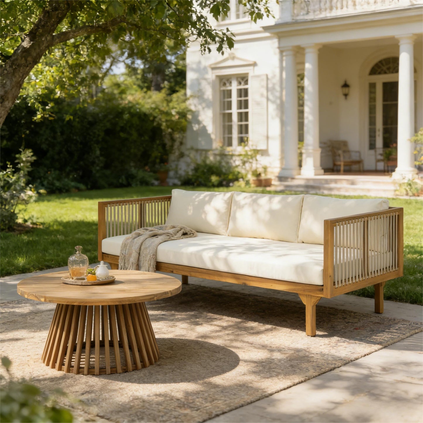 Merax Outdoor Acacia Wood Conversation Set - Patio 3-Seat Loveseat Sofa w/Coushion and Round Coffee Table for Backyard, Lawn, Balcony, Water Repellent, 600 lbs Sofa Capacity, Teak +Beige