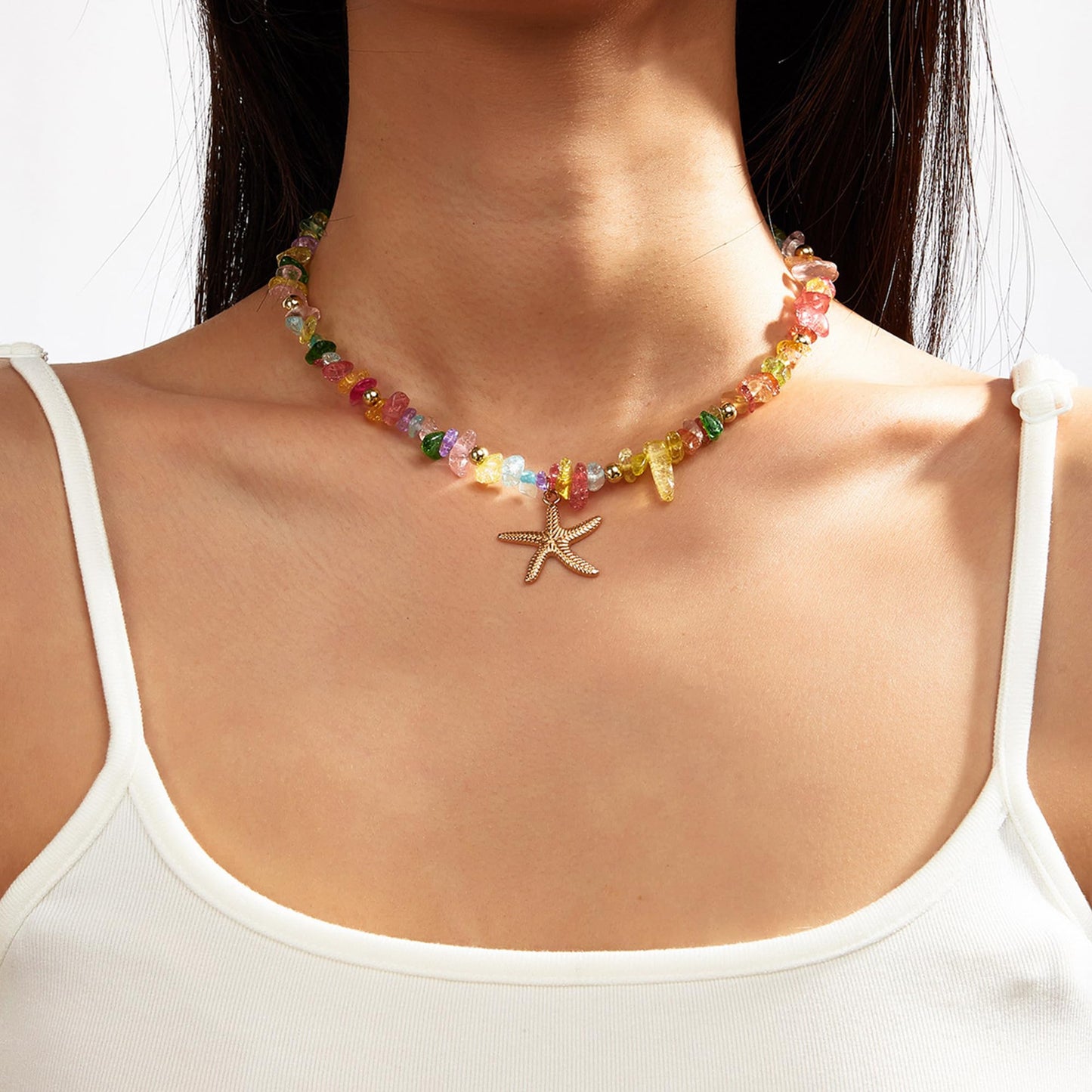 Yepelesi Gold Starfish Necklace Natural Stone Beaded Necklaces for Women Boho Handmade Irregular Stone Bead Necklace Summer Beach Ocean Jewelry Gift (Colorful)