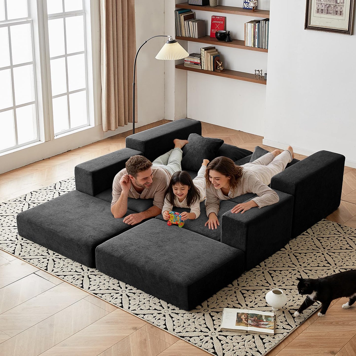Modular Sectional Loveaeat Cloud Sofa, Boneless Couch with Non Slip Base, Cozy Sleeper Sofa for Customizable Living Spaces, Modern Modular Couch with L-Shape Chaise, Deep Seat & No Assembly, Black