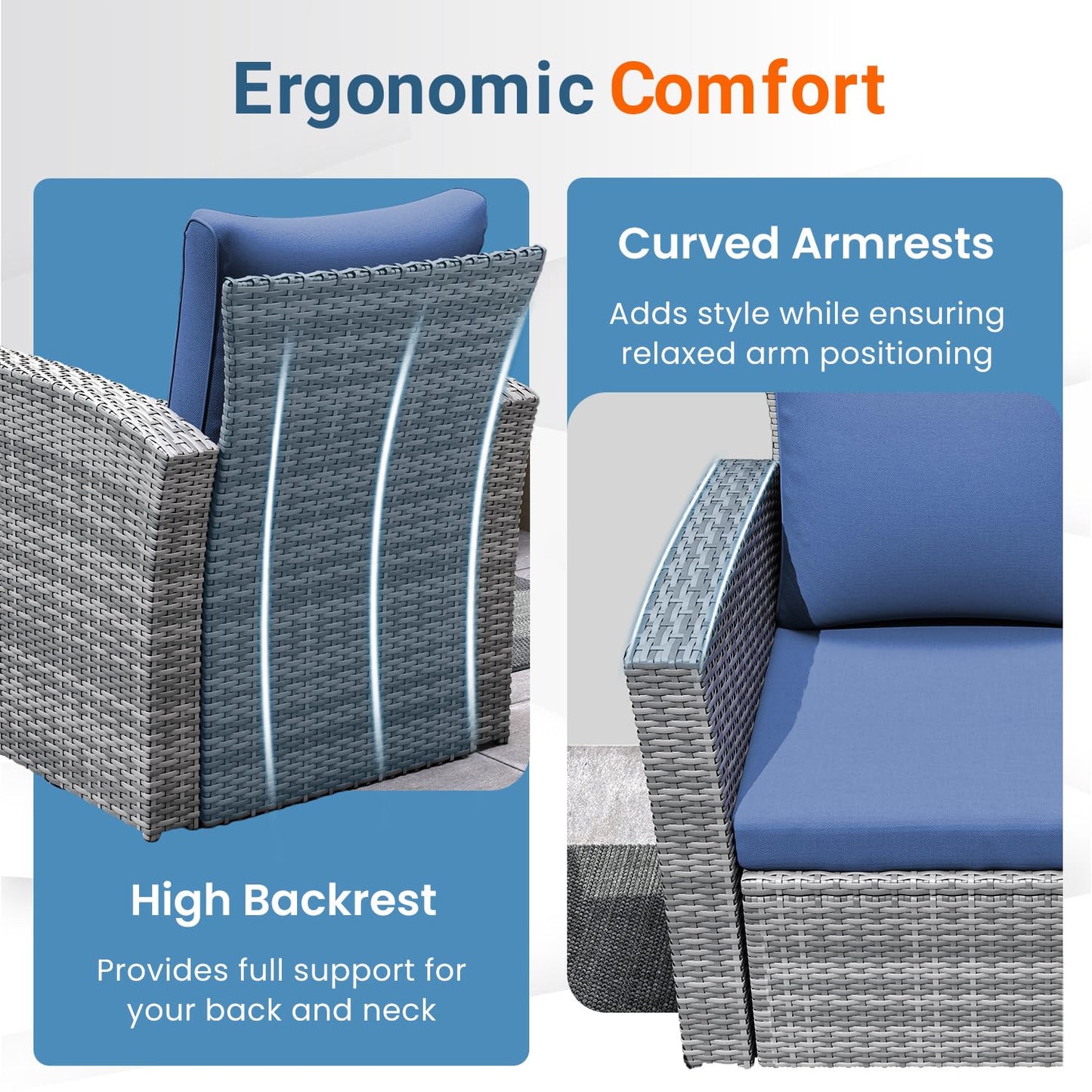 Wisteria Lane Patio Furniture Set, Wicker Outside Outdoor Furniture for All Weather, Patio Sofa with High Backrest Support and Wide Armrest for Backyard, Balcony, Deck, Porch, Blue