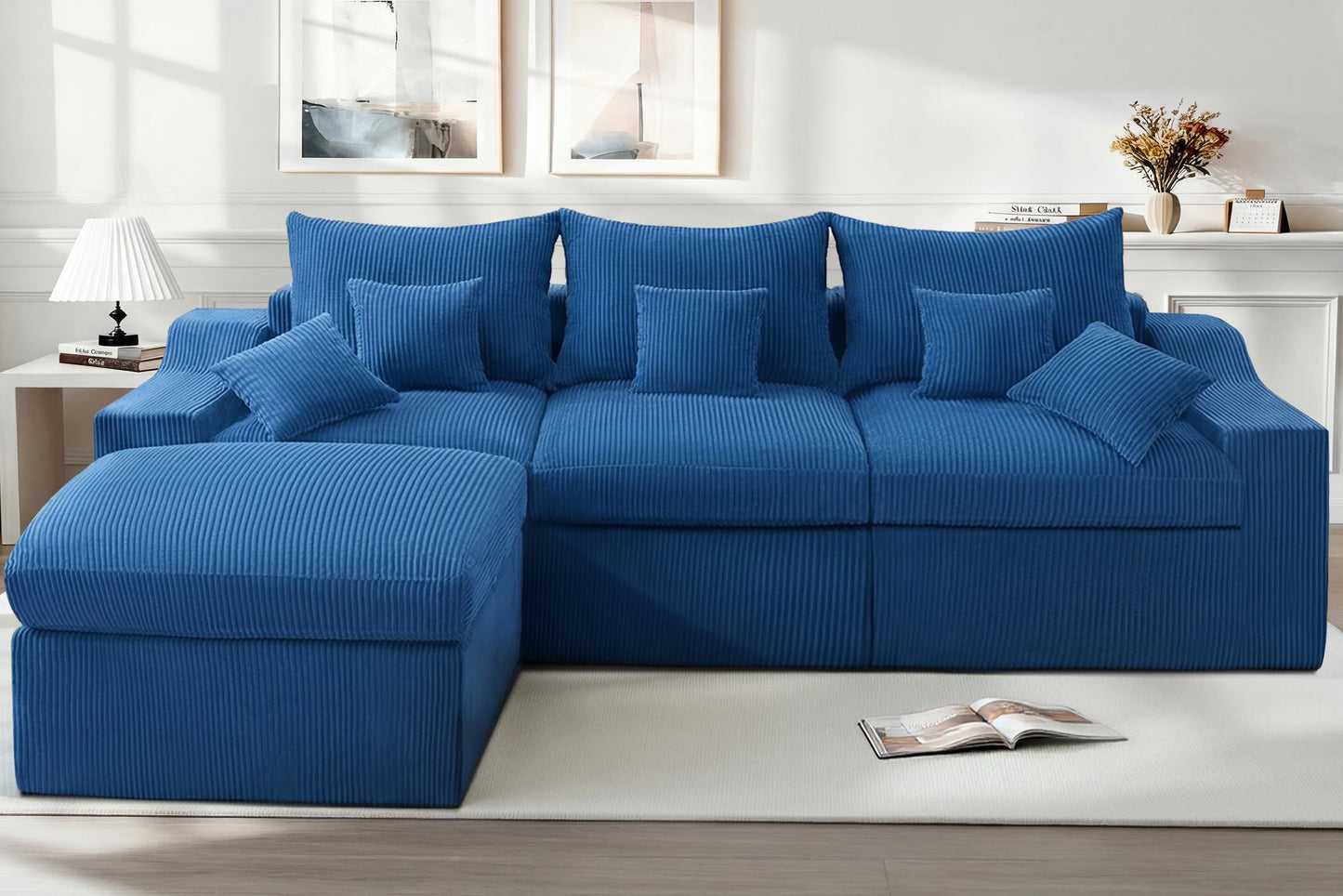 HABUTWAY 104" L Shaped Cloud Sectional Couch, Boneless Modular Sectional Sofa with Deep Seat, Corduroy Couches for Living Room, Modular Couch, No Assembly Required (Blue)