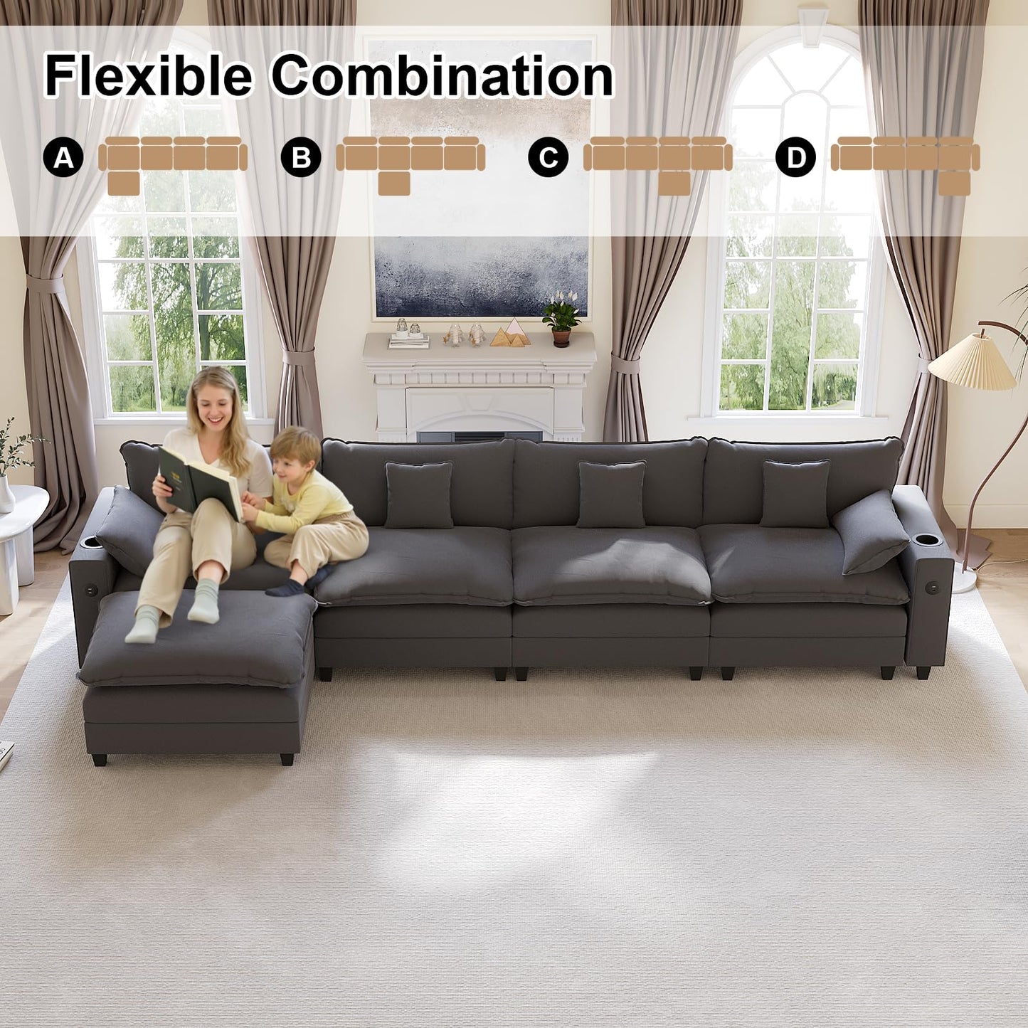 KCGKCG 152" Modular Sectional Sofa, L Shaped Cloud Couch with Movable Ottoman, Chenille Deep Seat Cloud Sofa with Charging Station, Cup Holder, Side Pocket, Sectional Couches for Living Room, Grey