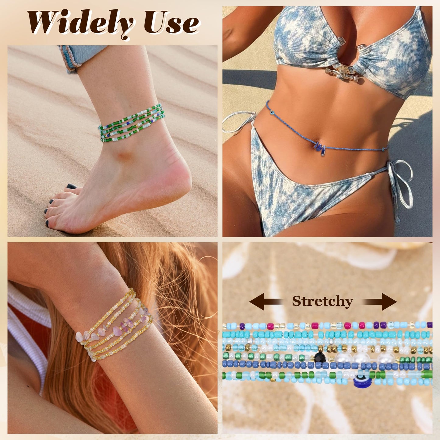 Masedy 8PCS African Waist Bead Chains for Women Layered Belly Body Chain Handmade Plus Size Beaded Belly Chain Colorful Elastic Flower Butterfly Body Chains Summer Beach Bikini Body Jewelry 31in C