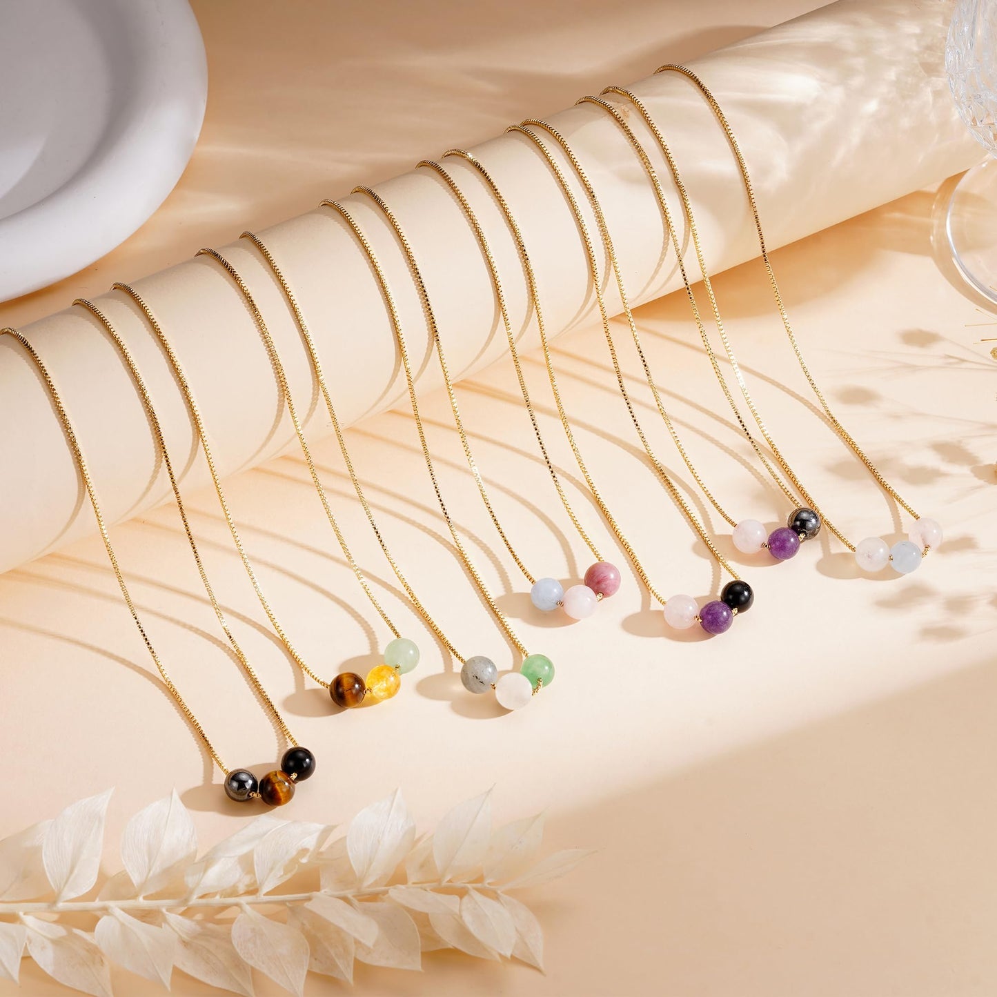 Suarlly Healing Crystal Necklace for Women 14k Plated Gold Beaded Necklace Tiger Eyes Anxiety Relief Triple Protection Gifts for Friends Sister Mom Daughter Jewelry