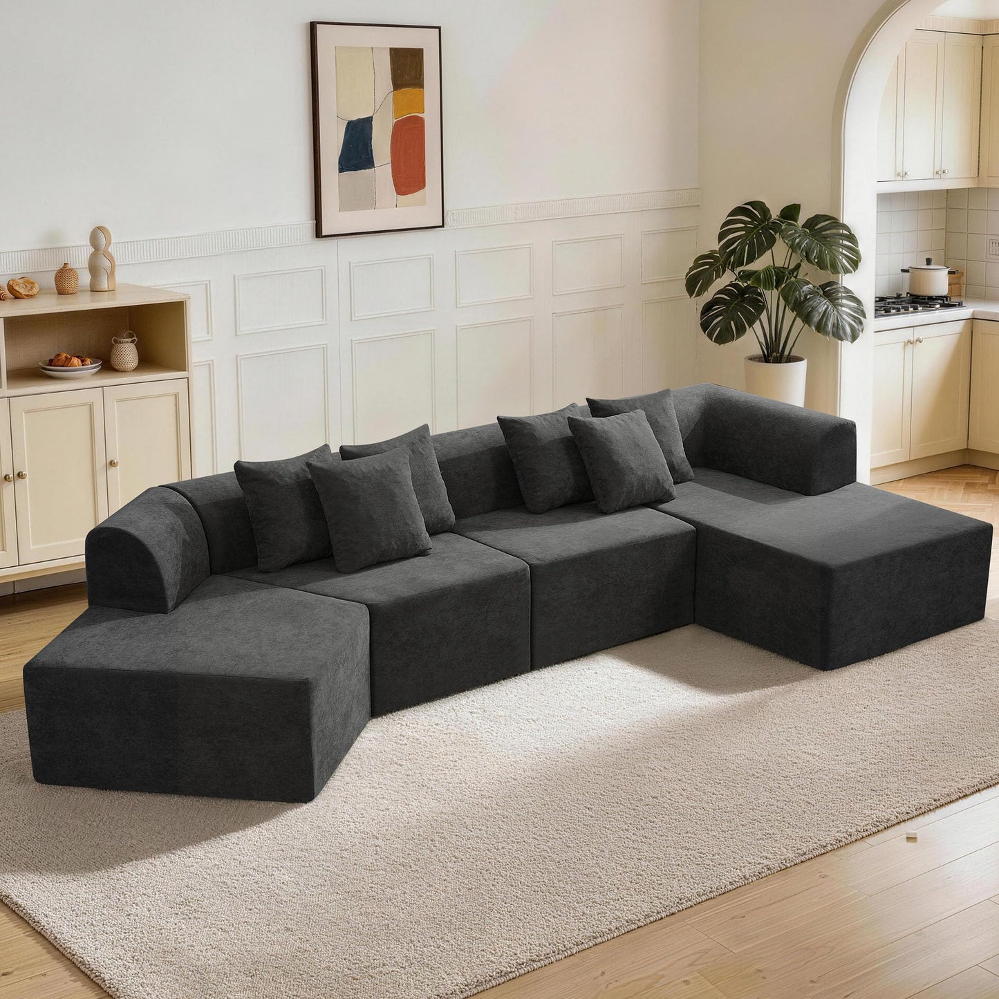 CACFTII 140" Oversized Boneless Couch, Curved Cloud Sectional Couch with L-Shape Chaise, Compressed Memory Foam Couch, Velvet Modular Sectional Sofa for Living Room, No Assembly Required, Black