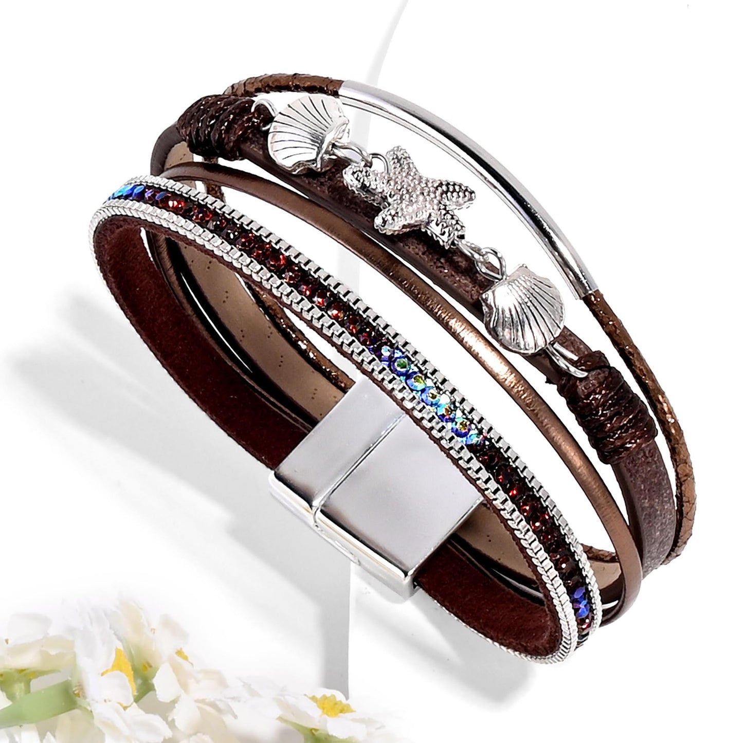 VIBILIA Boho Leather Wrap Bracelets for Women Shell starfish Multi-Layer Bracelets with Strong Clasp Jewelry for Women-Coffee