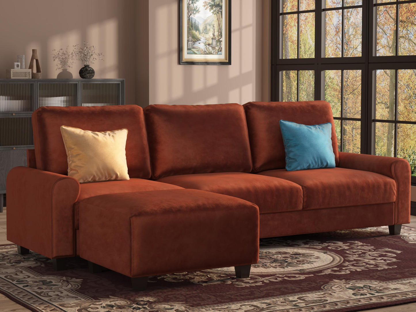 EASE MOOSE Large Seat Velvet L-Shaped Sofa, Soft 4 Seat Couch with Reversible Chaise, Comfy Sectional Modular Sofa with Removable Washable Covers for Living Room and Small Space, Caramel