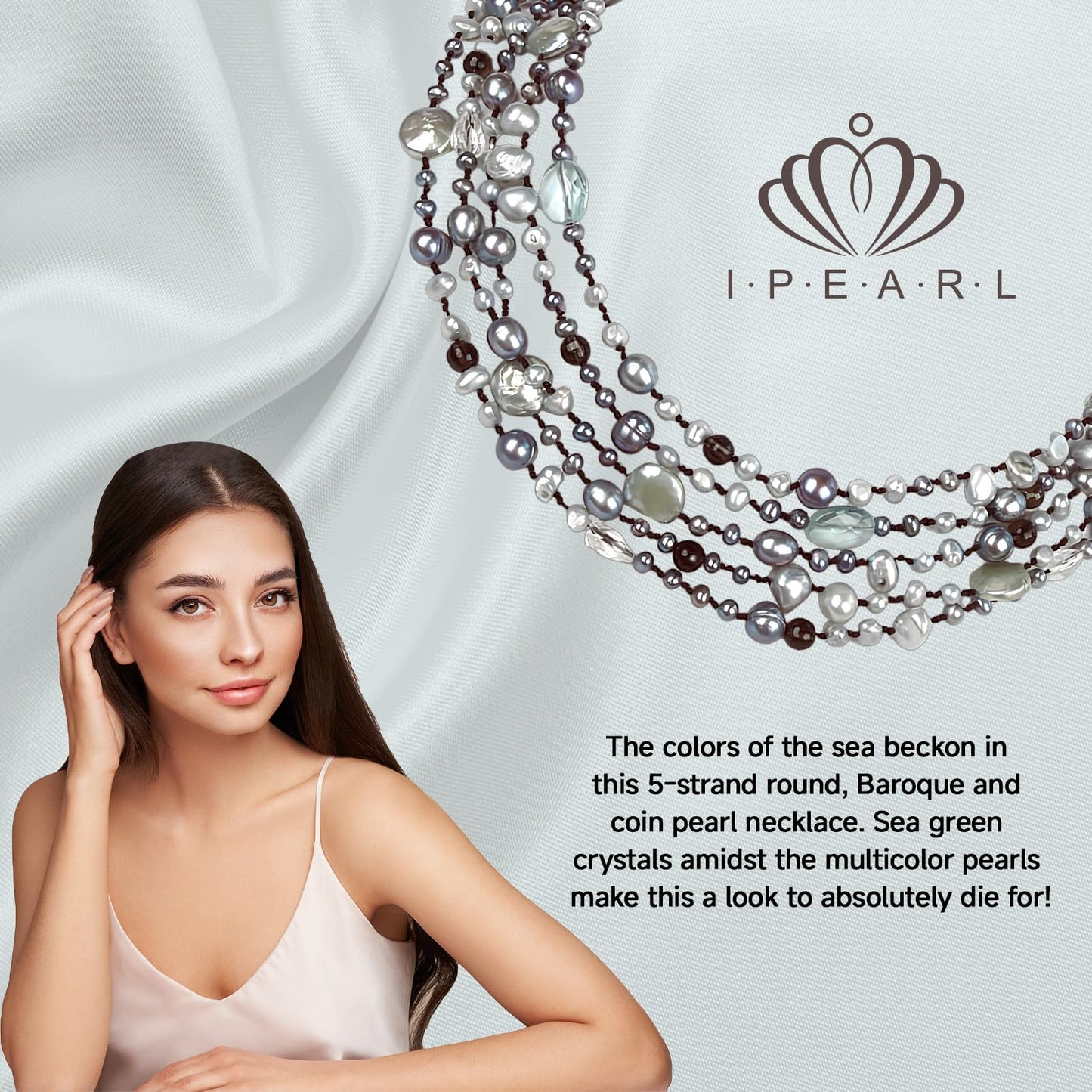 Handmade Silver Grey Baroque Pearl Necklace – Multistrand Freshwater Pearls & Sea Green Crystal, Pearl Clasp Beaded Charms Baroque Luxury Jewelry Gift
