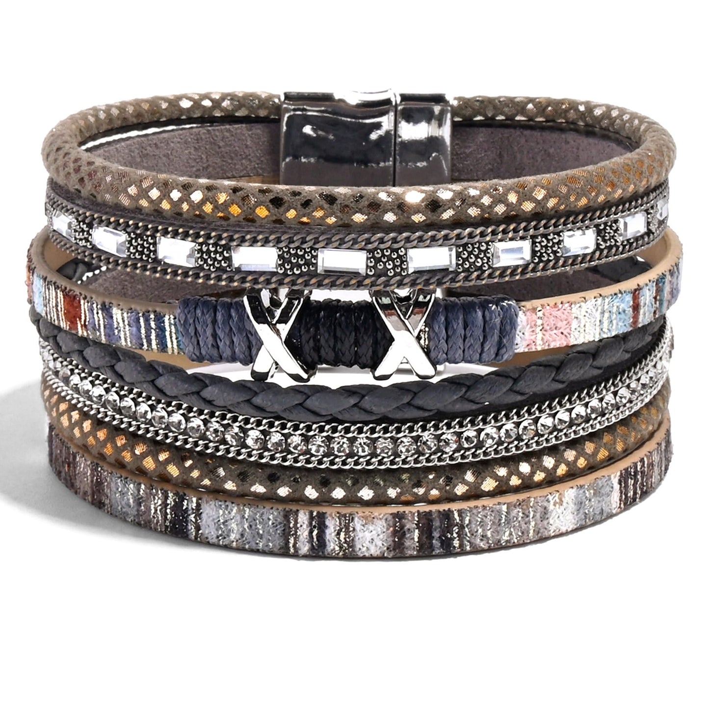 VIBILIA Boho Leather Wrap Bracelets for Women Trendy Layered Multi-Layer Boho Bracelets with Strong Clasp Jewelry for Women-Gray