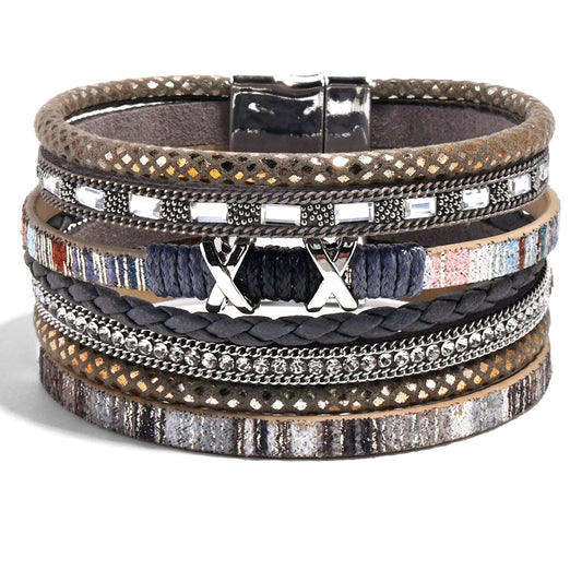 VIBILIA Boho Leather Wrap Bracelets for Women Trendy Layered Multi-Layer Boho Bracelets with Strong Clasp Jewelry for Women-Gray