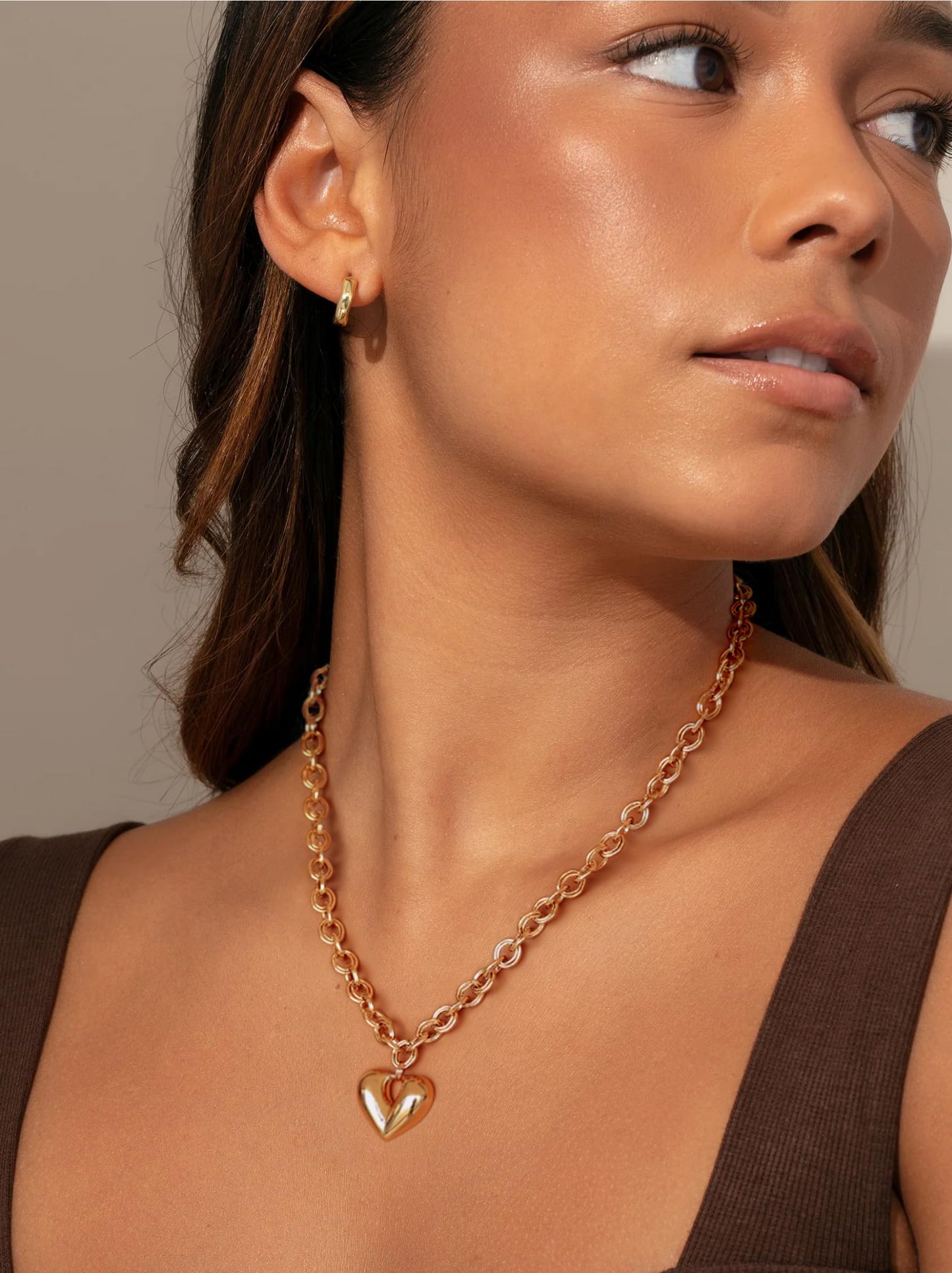 PEARLADA Chunky Gold Plated Heart Necklace for Women, Y2K Statement Necklace with Puffy Heart Pendant, Trendy Thick Gold Plated Chain Jewelry Adjustable