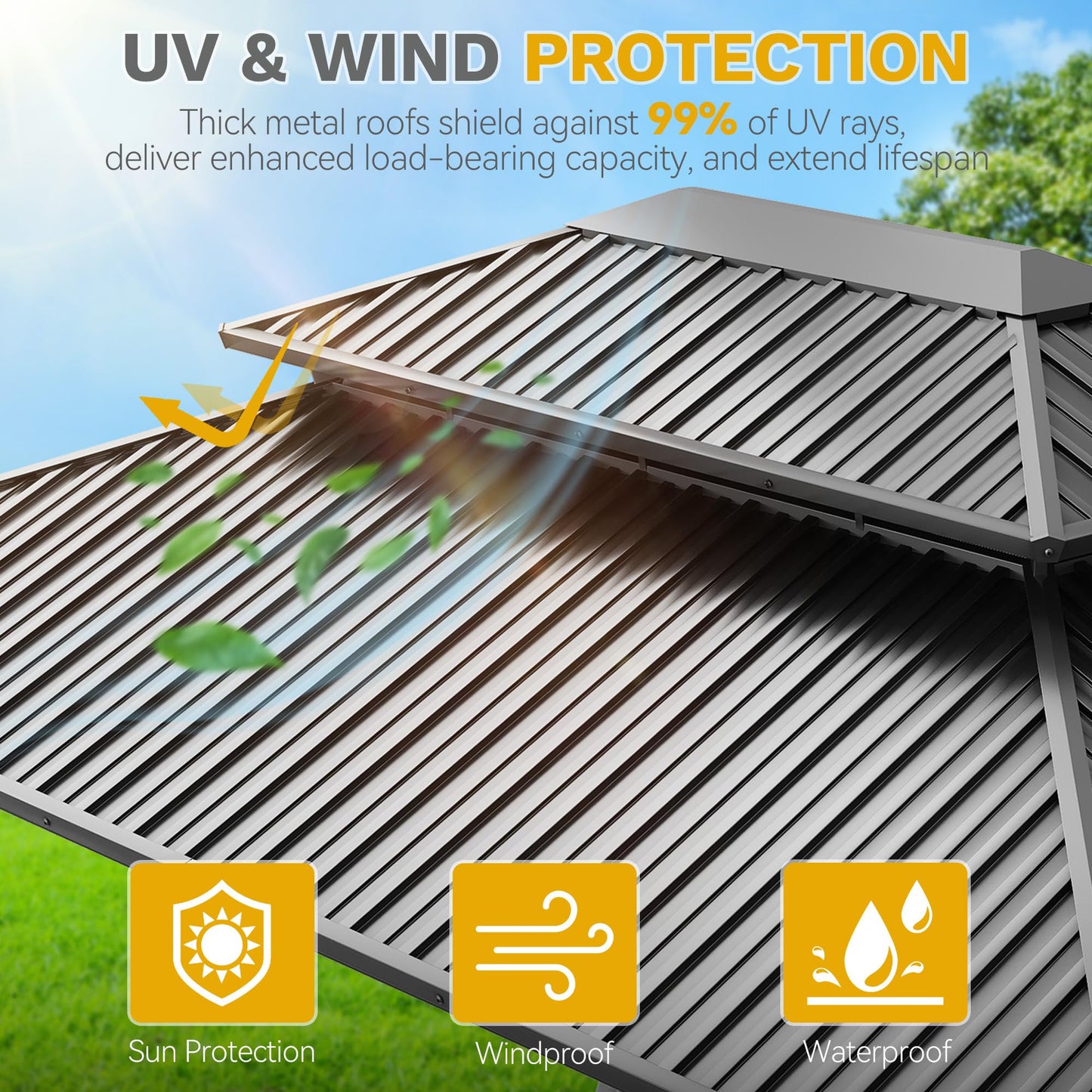 DWVO 12x18ft Hardtop Gazebo Double Roof with Nettings and Curtains, Heavy Duty Galvanized Steel Outdoor Vertical Stripes Roof for Patio, Backyard, Deck, Lawns, Gray
