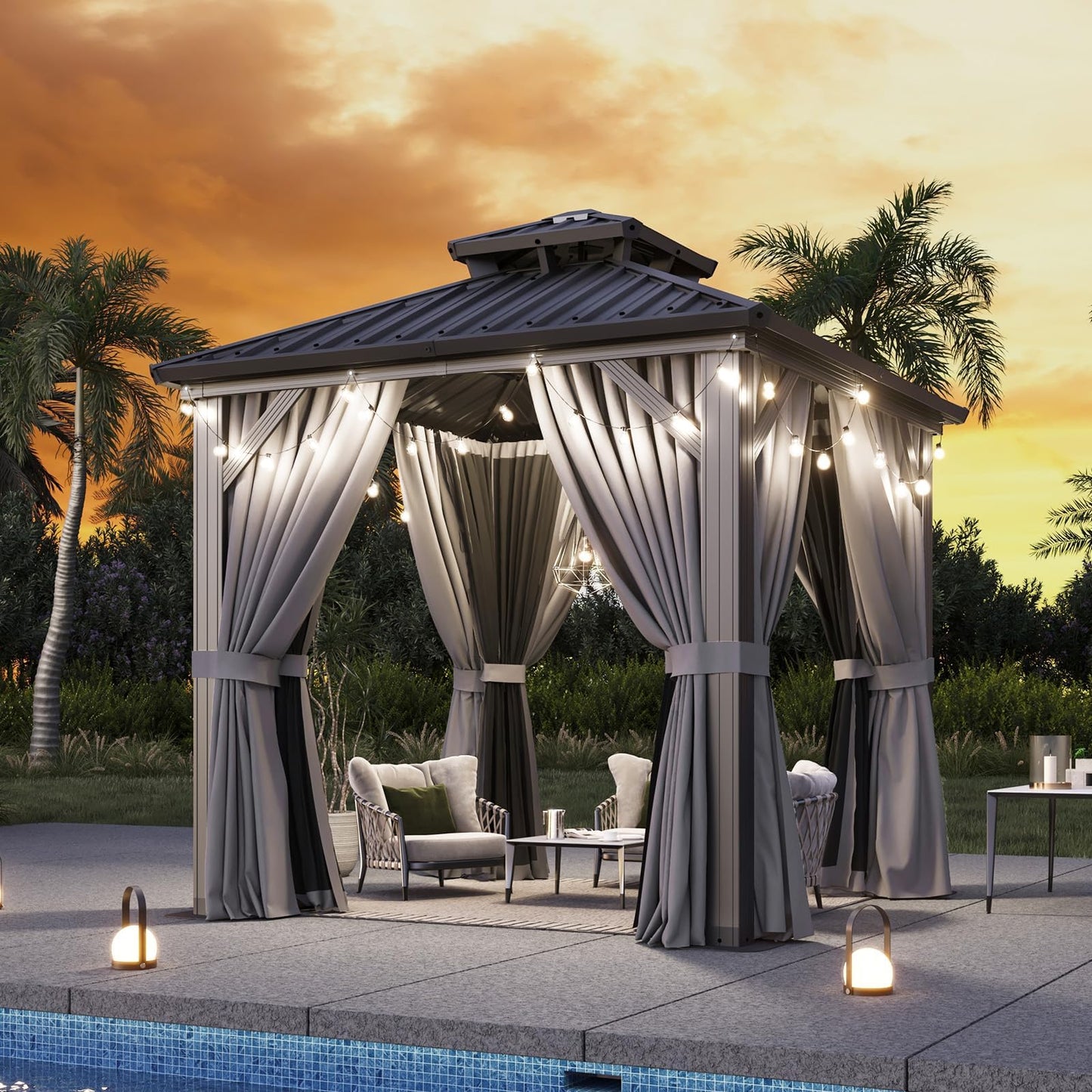 Aoxun 8x8 Hardtop Gazebo, Aluminum Frame Outdoor Gazebo with Double Galvanized Steel Roof, Patio Pavilion with Netting and Curtains, Backyard Gazebo for Patio Deck Garden