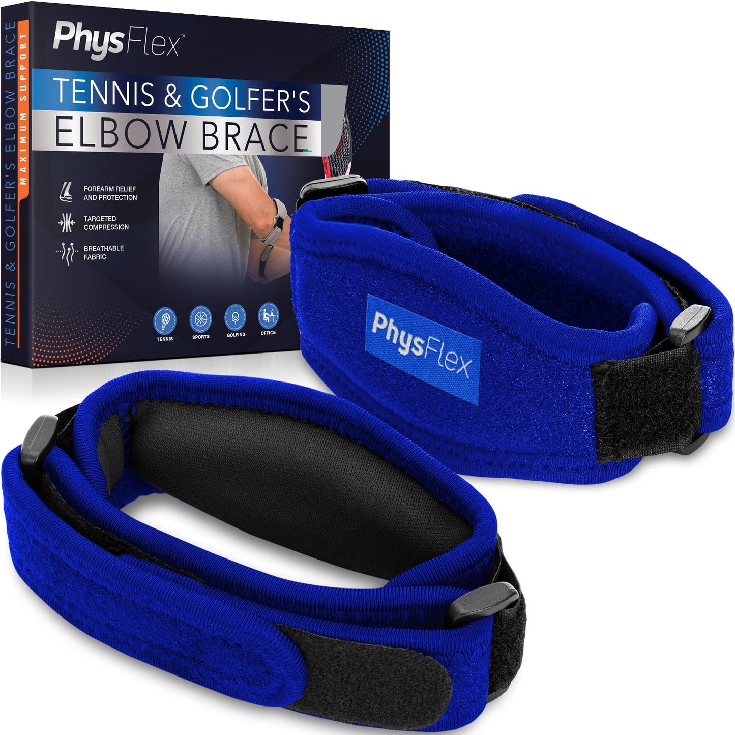 PhysFlex 2-Pack Elbow Brace for Men & Women, Adjustable Tennis & Golfer's Elbow Support Strap for Tendonitis Pain Relief - Compression Pad for Arm, Forearm, Tendon Pain Relief (Blue)
