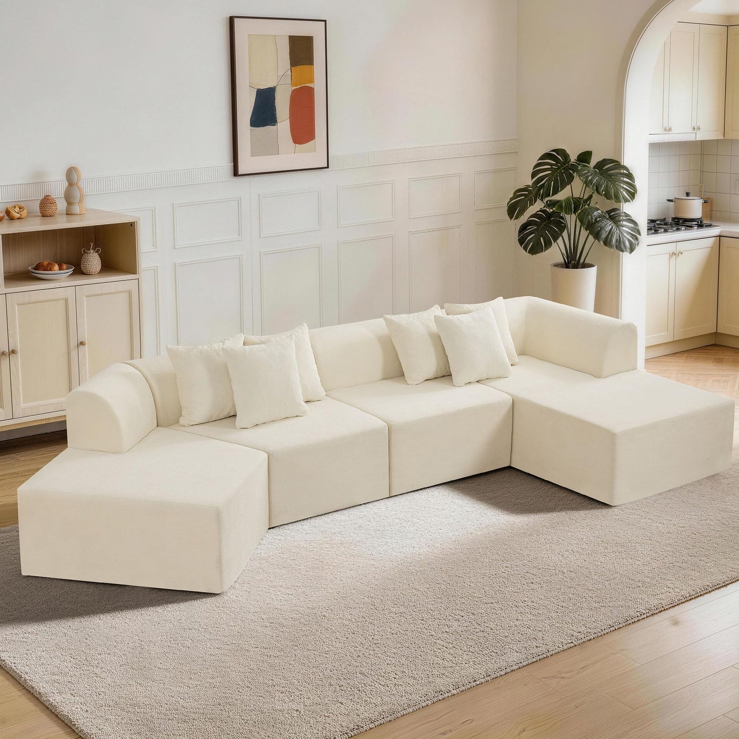 CACFTII 140" Oversized Boneless Couch, Curved Cloud Sectional Couch with L-Shape Chaise, Compressed Memory Foam Couch, Velvet Modular Sectional Sofa for Living Room, No Assembly Required, White