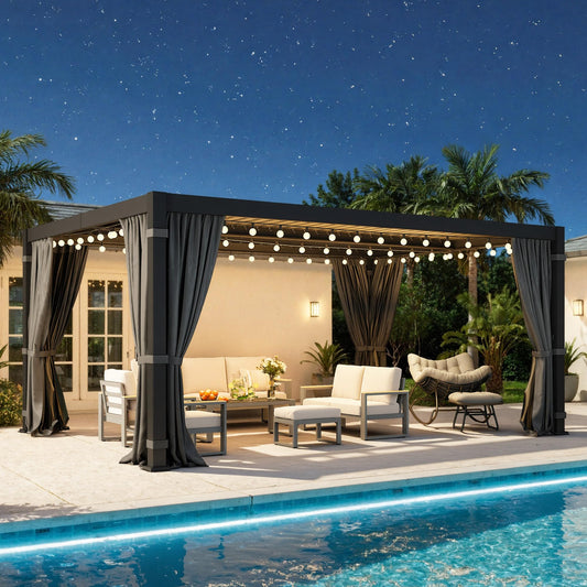 12' x 16' Louvered Pergola, Outdoor Pergola with Metal Adjustable Louvered Roof & Gutter System, Hardtop Patio Gazebo for Backyard, Patio, Garden, Dark Gray