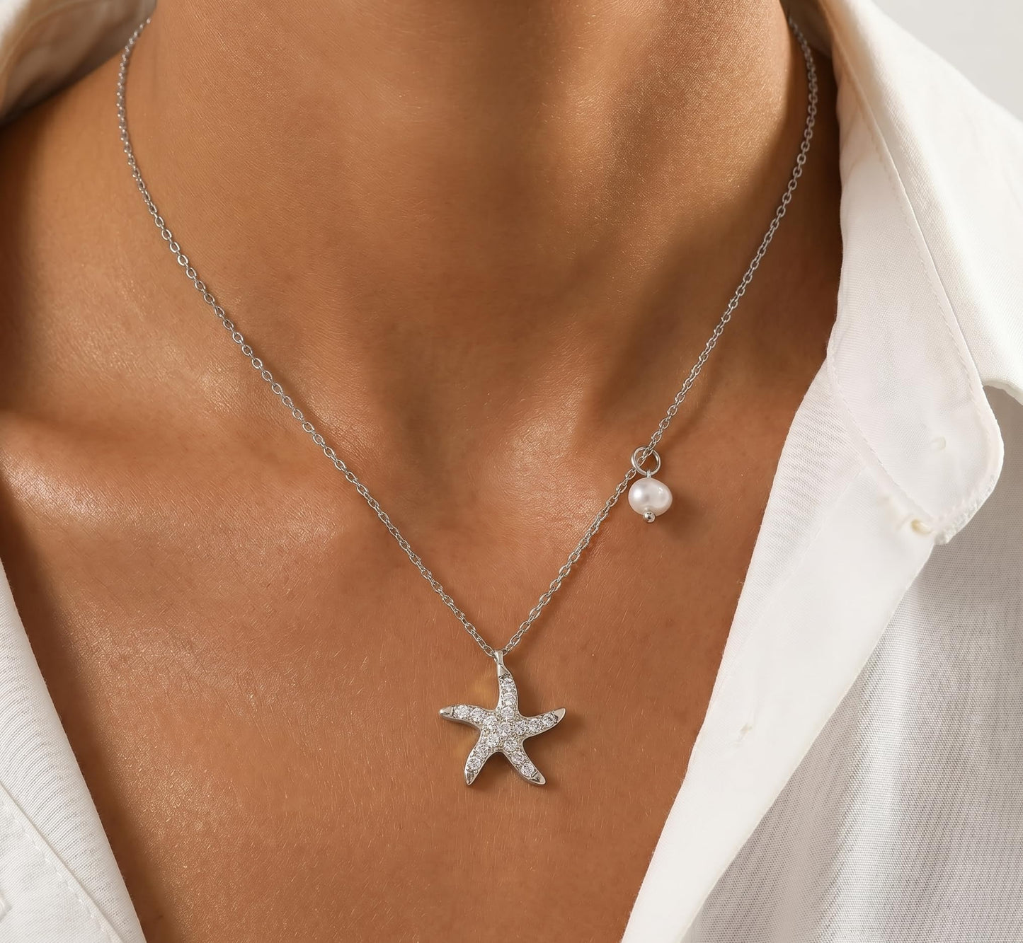 S925 Sterling Silver Starfish Necklace with Fresh Water Pearl, Sparkling Pave Zirconia Sea Star Pendant, Dainty 14K Gold Plated Asymmetric Choker, Ocean Beach Inspired Jewelry Gift for Women (sliver)