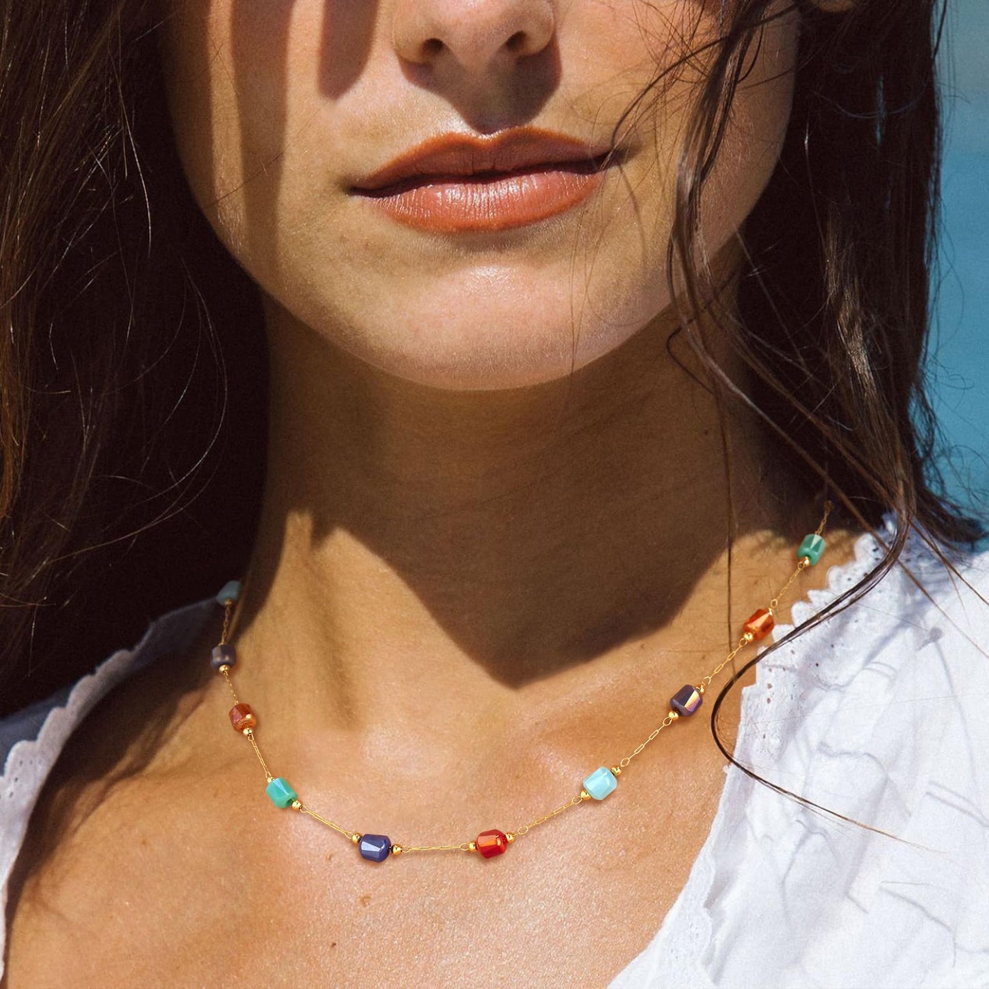 MTMY Beaded Necklaces for Women 14K Gold Plated Dainty Colorful Green/Rose Beaded Pearl Choker Necklace Delicate Boho Choker Necklace Jewelry Gift (mixed color cube)
