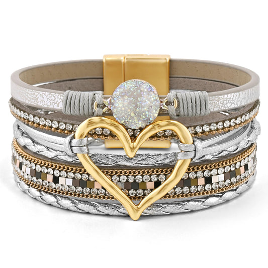 VIBILIA Boho Leather Wrap Bracelets for Women Heart Multi-Layer Bracelets with Strong Clasp Jewelry for Women-GoldSilver