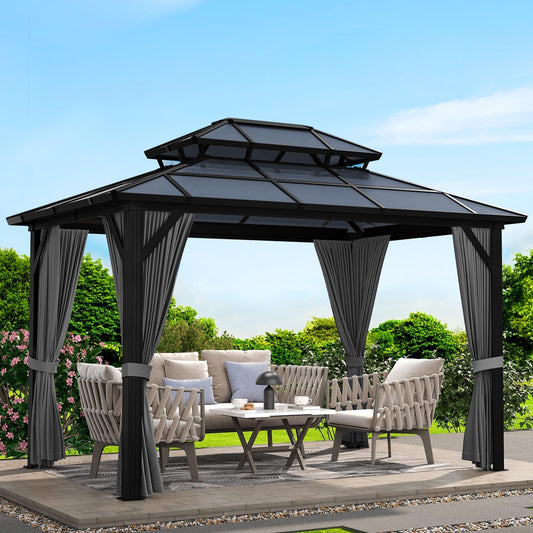 12'x10' Hardtop Gazebo, Aluminum Permanent Pavilion with Polycarbonate Double Roof, Removable Curtains & Mosquito Netting for Patio, Garden, Lawn, Upgrade Your Outdoors: Heavy Duty Hardtop Gazebo